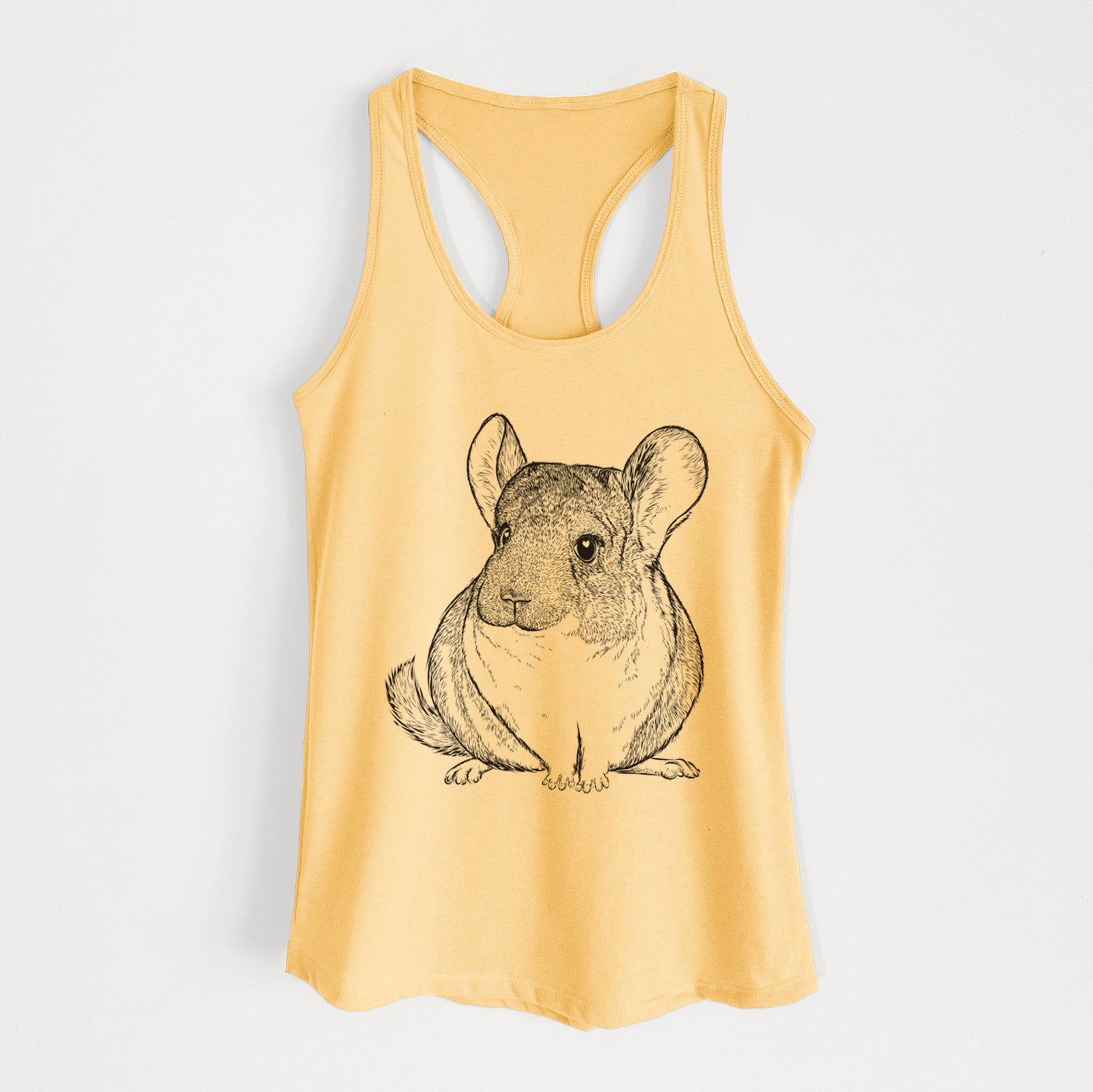 Hand-drawn sketch of Cheddar the Chinchilla on a Banana Cream Women's racerback tanktop