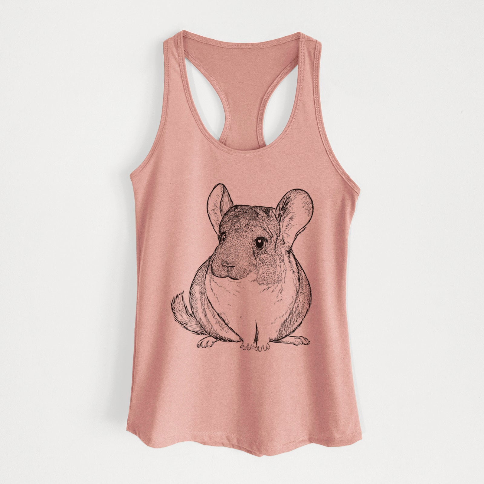 Hand-drawn sketch of Cheddar the Chinchilla on a Desert Pink Women's racerback tanktop