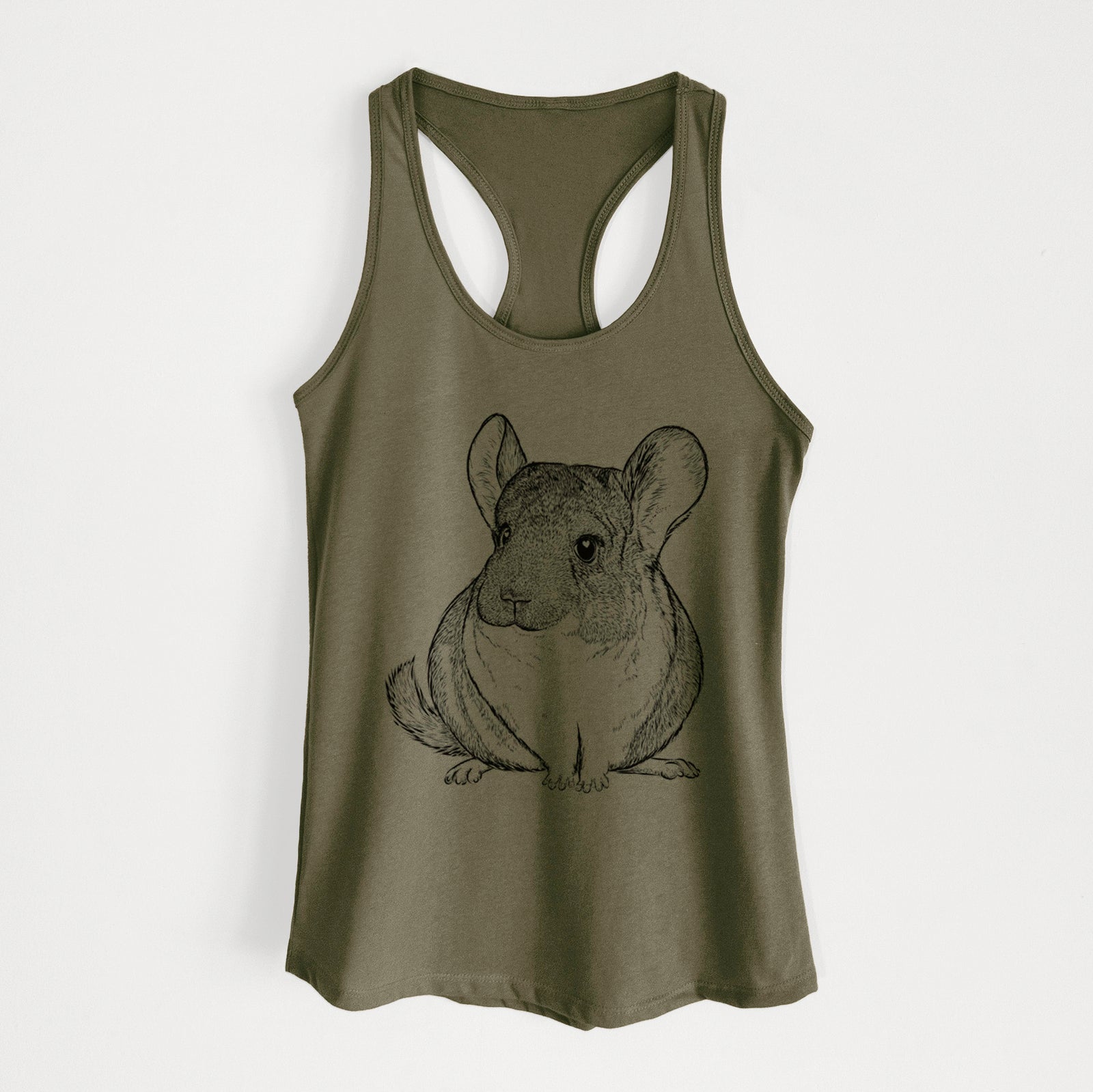 Hand-drawn sketch of Cheddar the Chinchilla on a Military Green Women's racerback tanktop