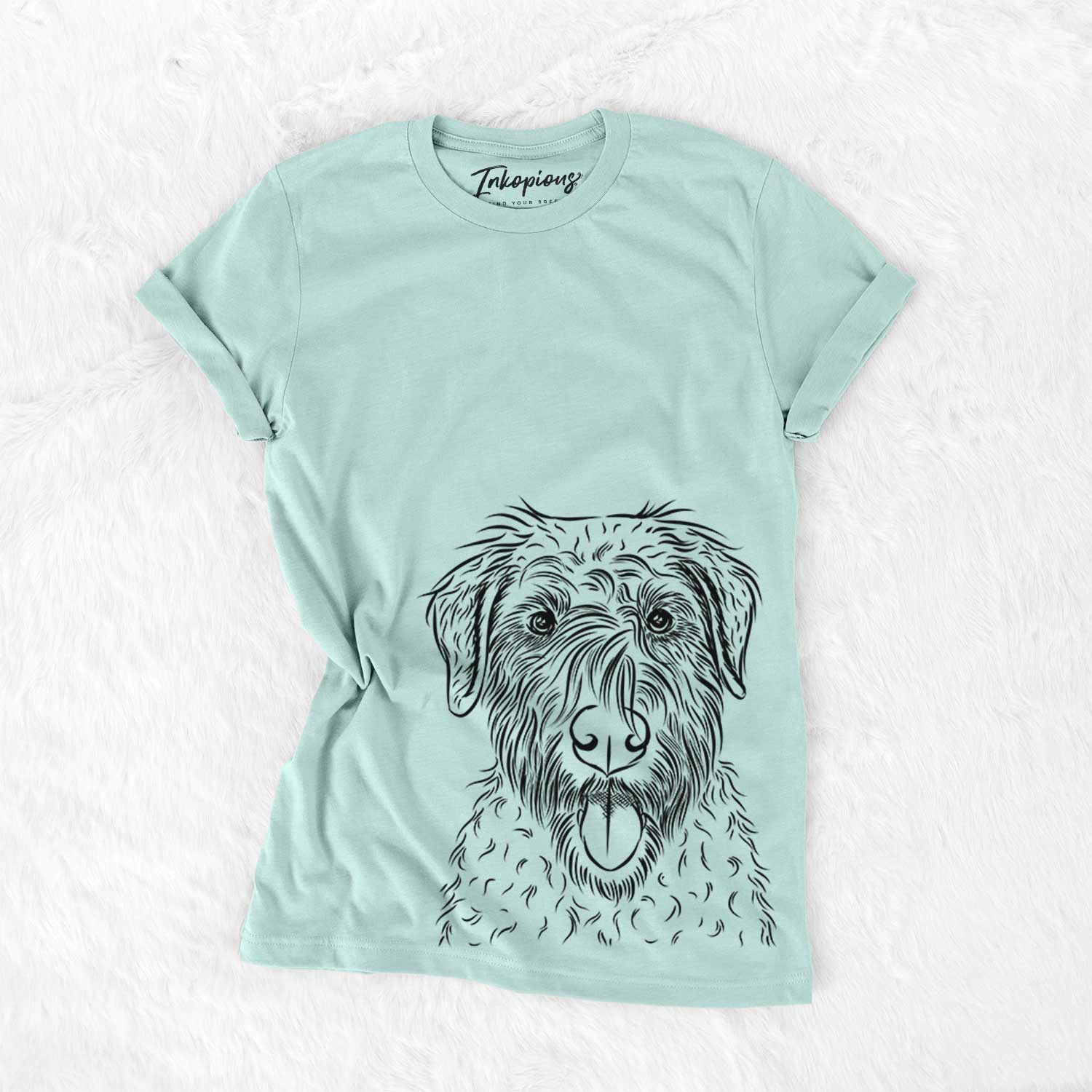 Hand-drawn sketch of Chester the Soft Coated Wheaten Terrier on a Heather Sage Bella Canvas Unisex Crewneck