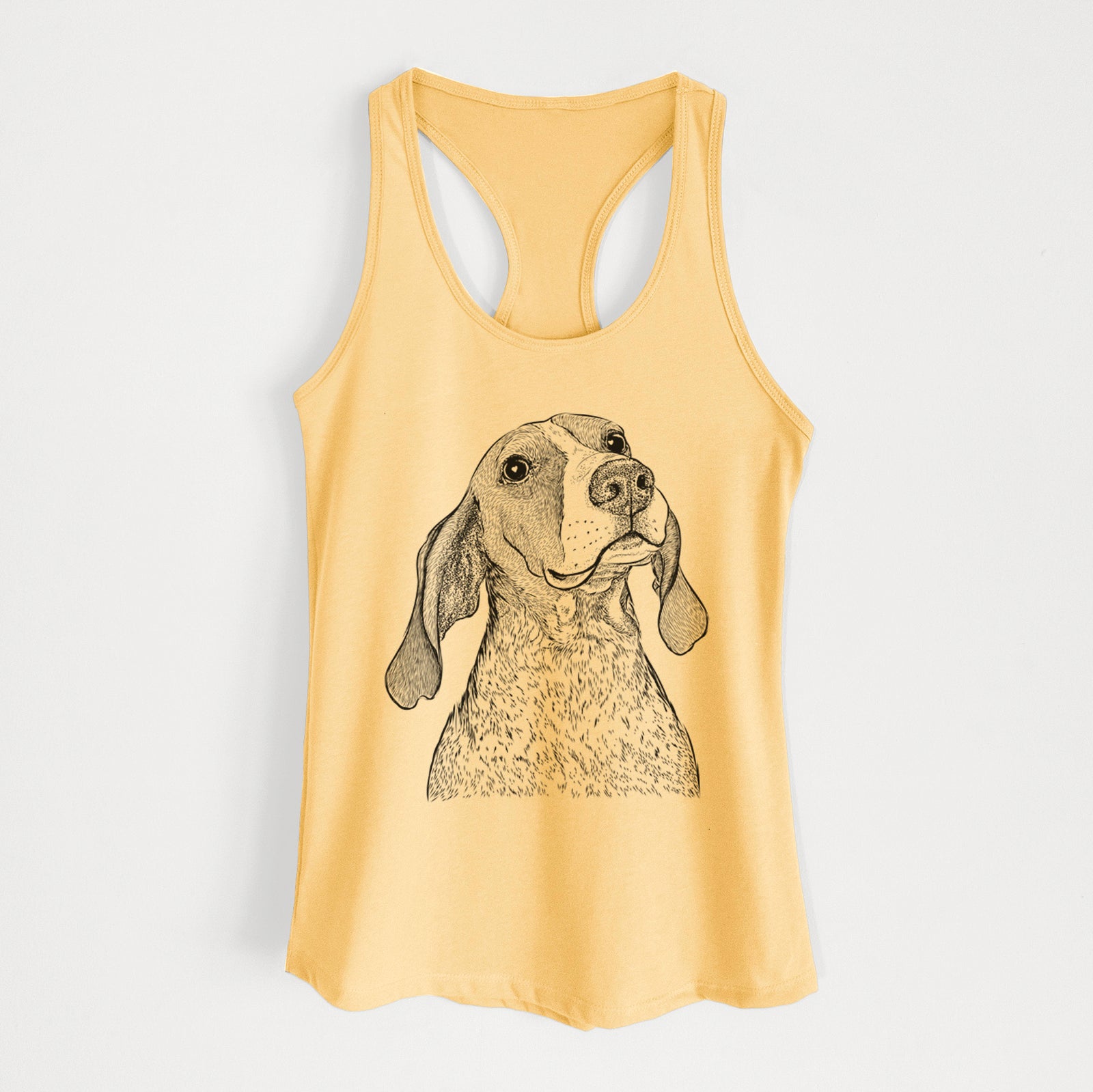 Hand-drawn sketch of Chester the Red Tick Coonhound on a Banana Cream Women's racerback tanktop