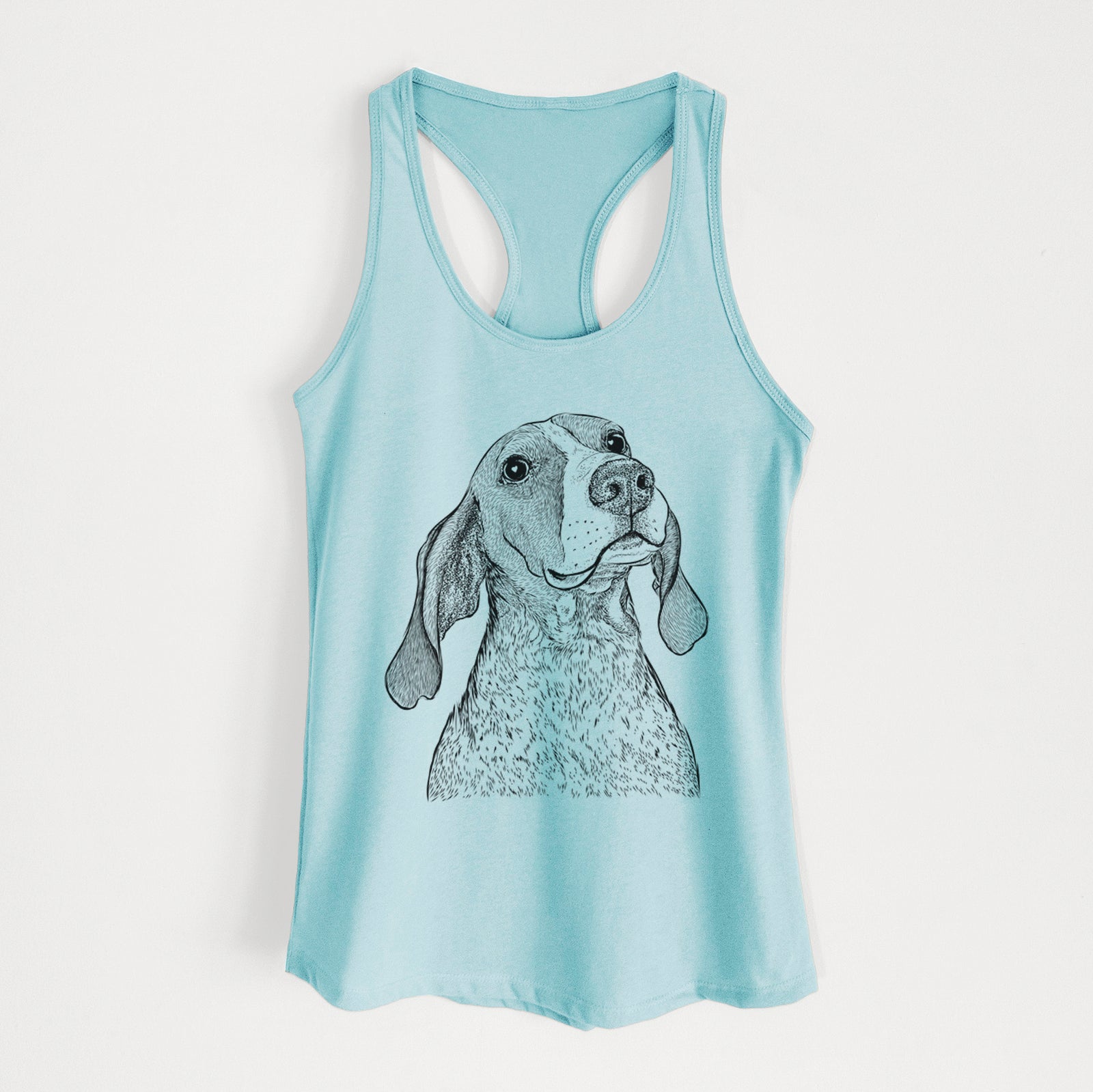 Hand-drawn sketch of Chester the Red Tick Coonhound on a Cancun Blue Women's racerback tanktop