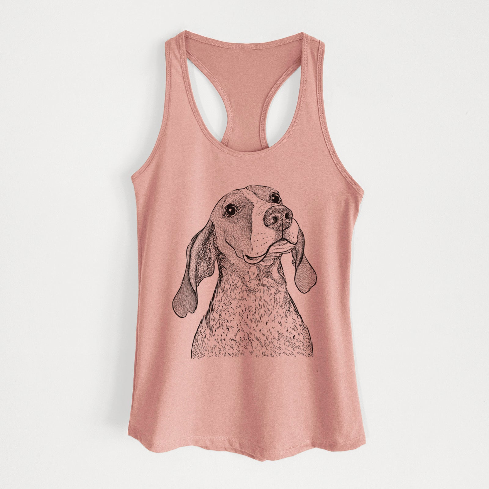 Hand-drawn sketch of Chester the Red Tick Coonhound on a Desert Pink Women's racerback tanktop