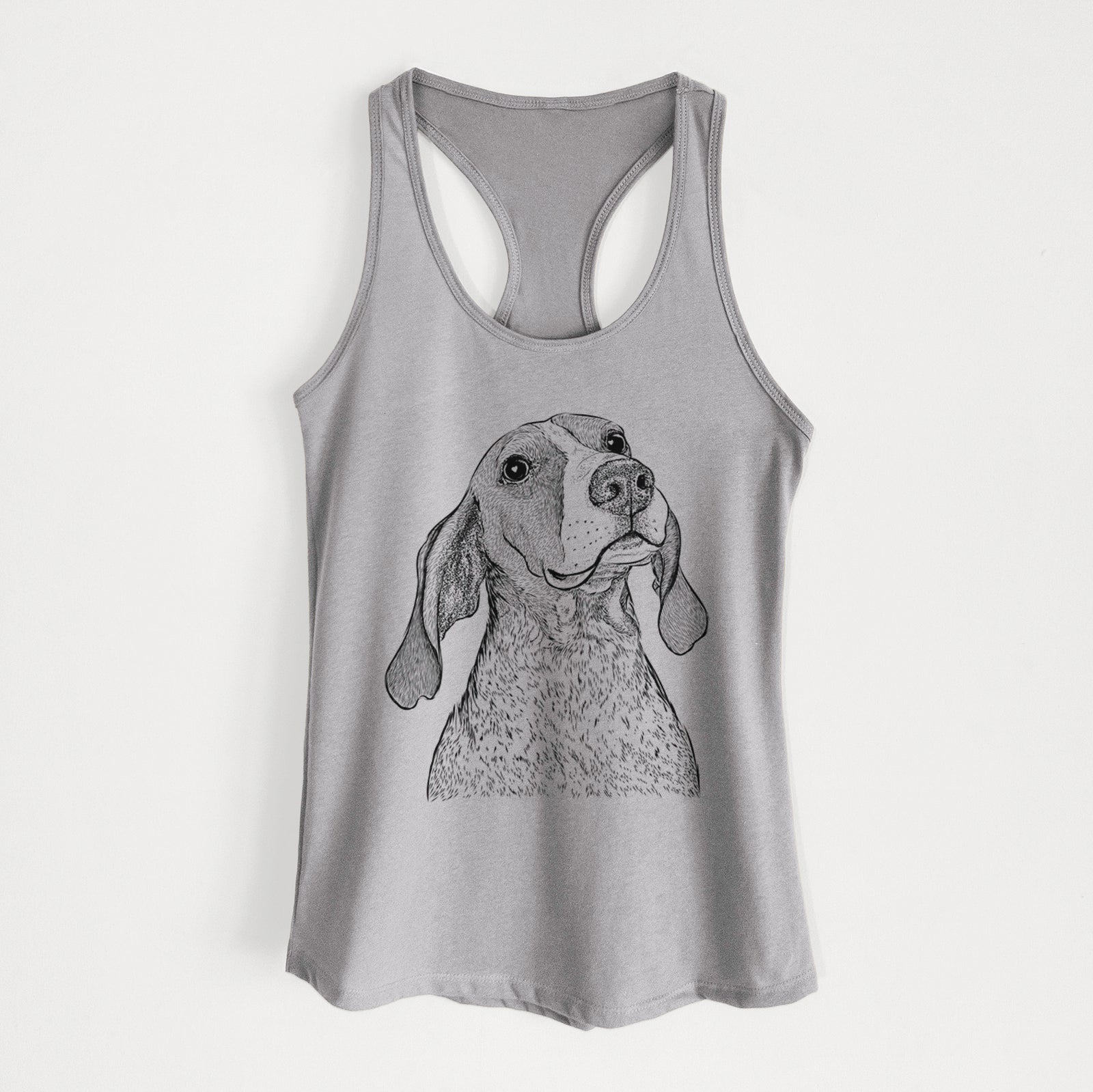 Hand-drawn sketch of Chester the Red Tick Coonhound on a Heather Grey Women's racerback tanktop