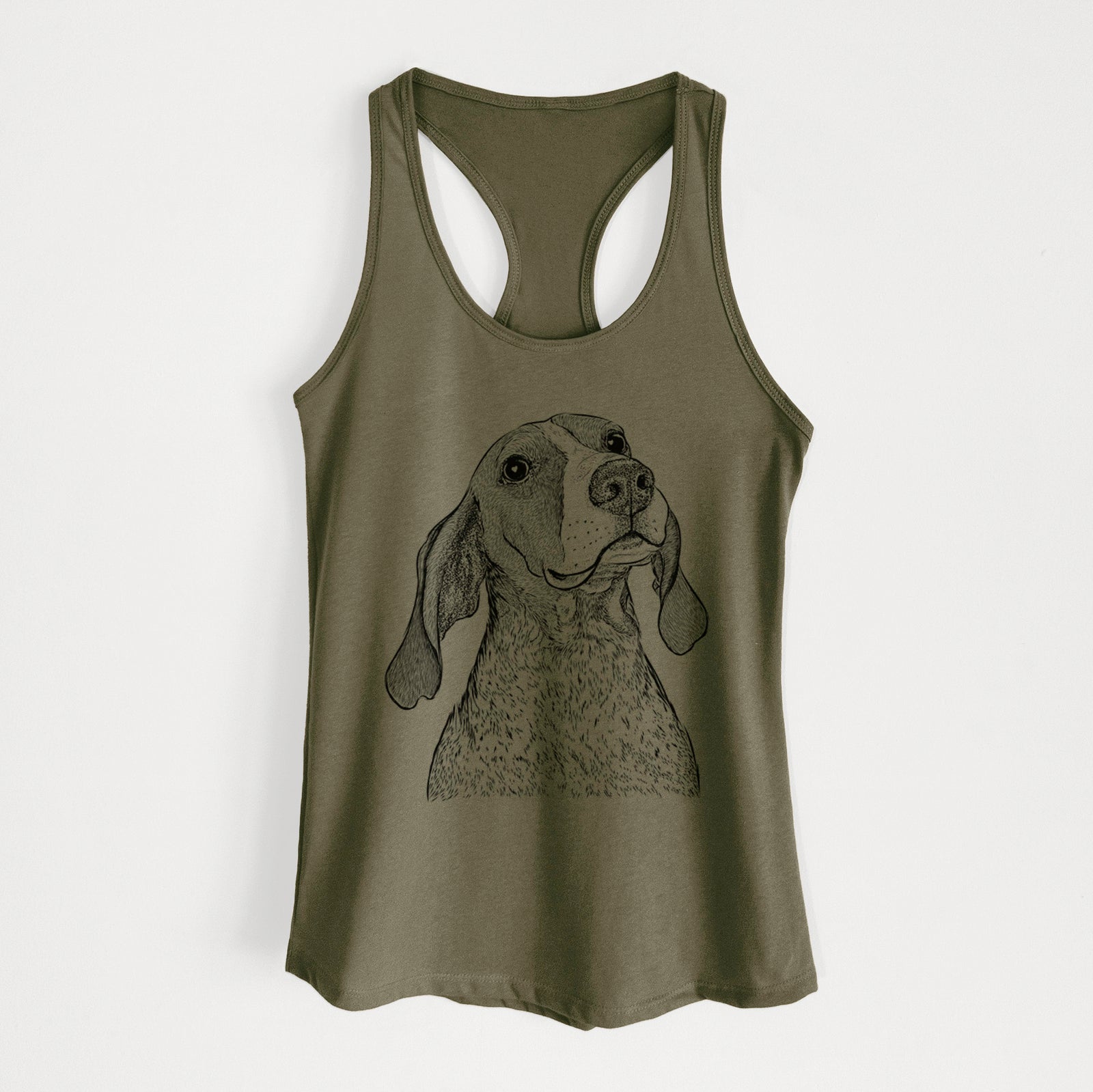Hand-drawn sketch of Chester the Red Tick Coonhound on a Military Green Women's racerback tanktop