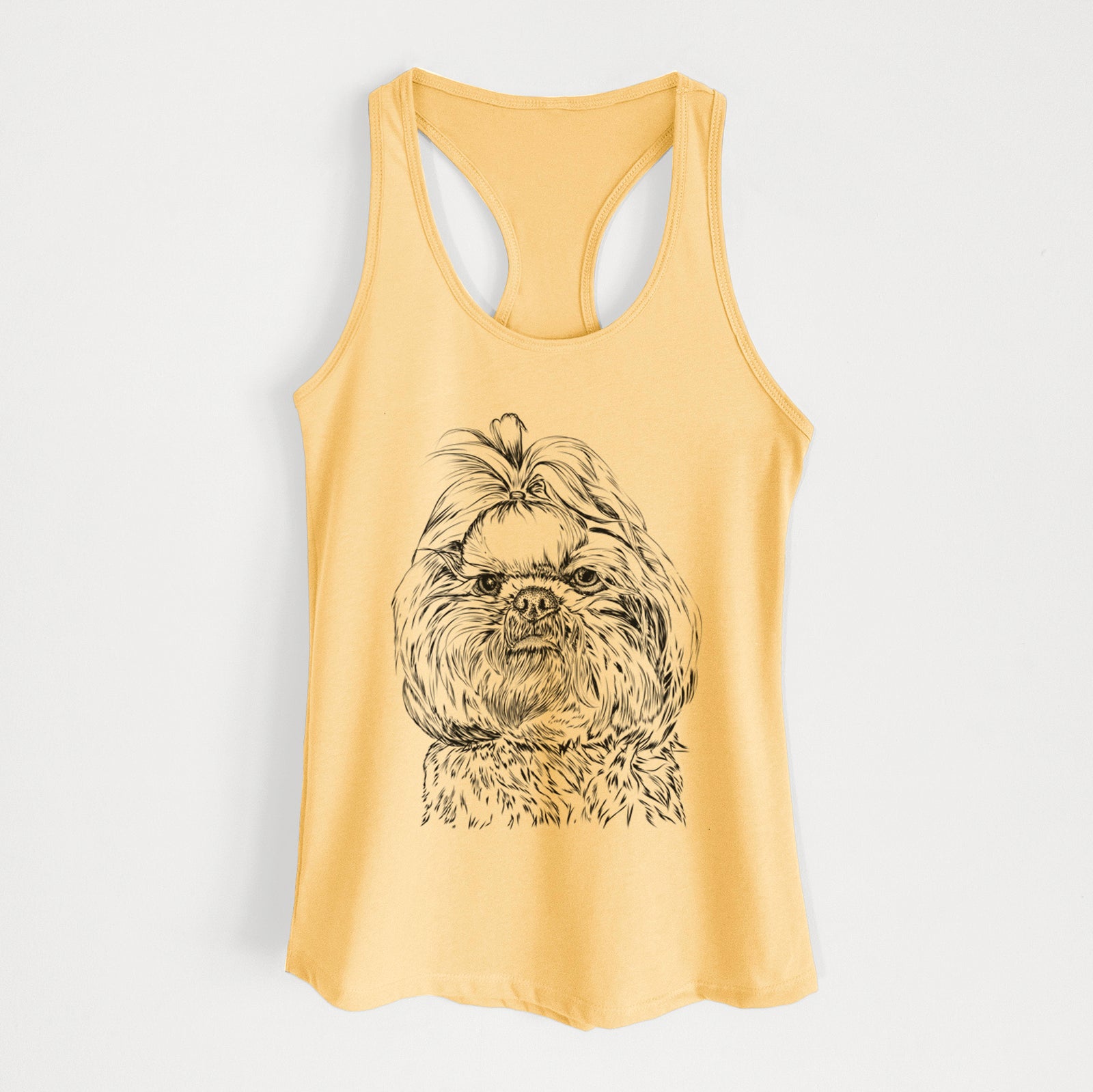 Hand-drawn sketch of Chewie the Shih Tzu on a Banana Cream Women's racerback tanktop