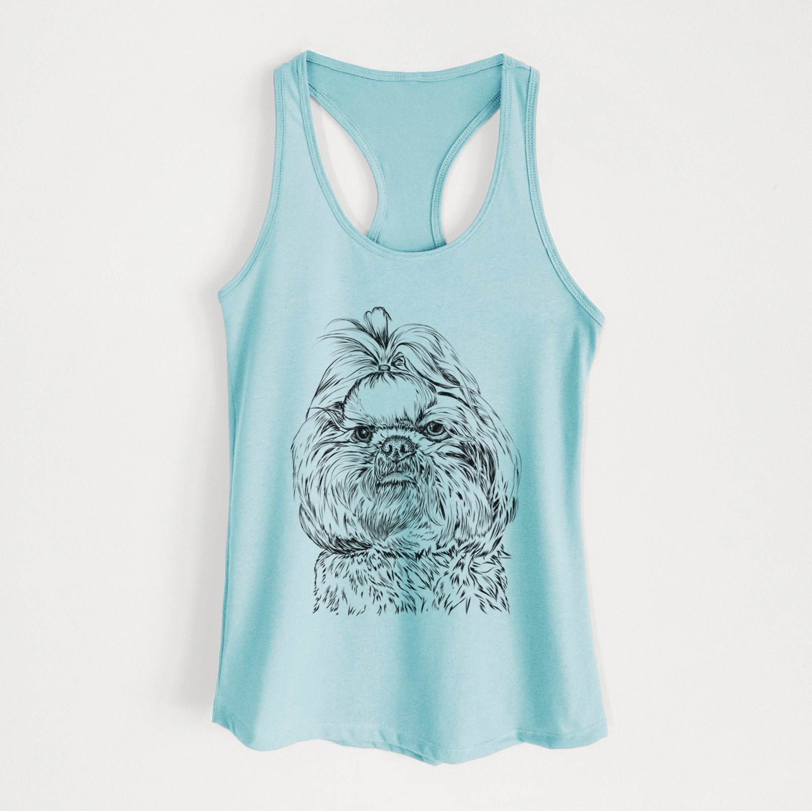 Hand-drawn sketch of Chewie the Shih Tzu on a Cancun Blue Women's racerback tanktop