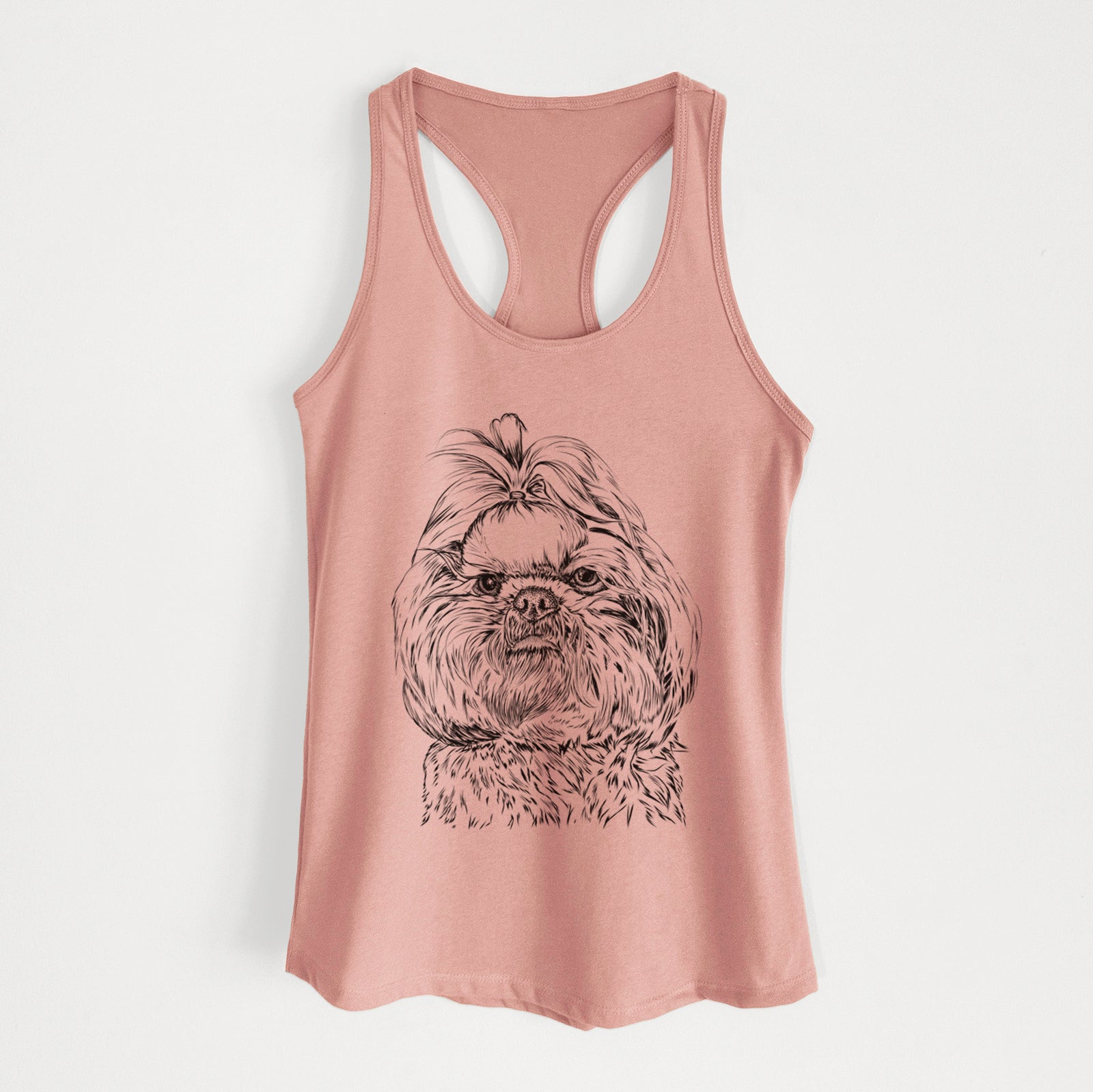 Hand-drawn sketch of Chewie the Shih Tzu on a Desert Pink Women's racerback tanktop