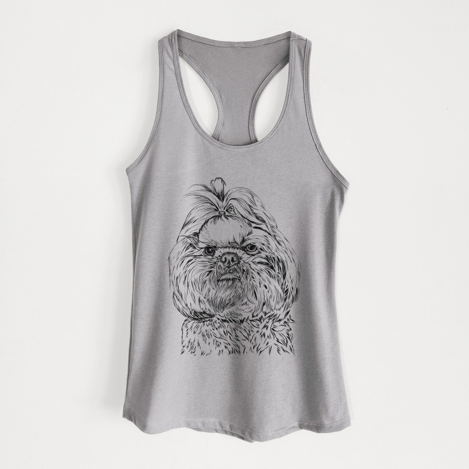 Hand-drawn sketch of Chewie the Shih Tzu on a Heather Grey Women's racerback tanktop