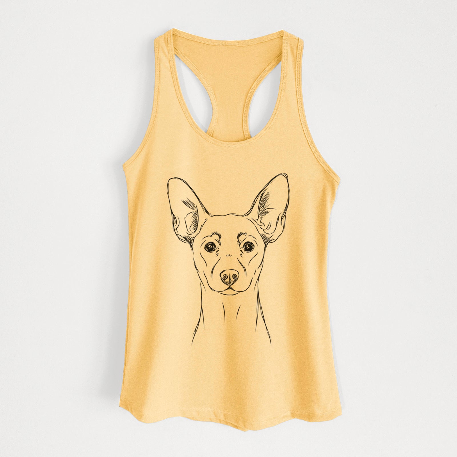 Hand-drawn sketch of Chillie the Mini Pinscher on a Banana Cream Women's racerback tanktop