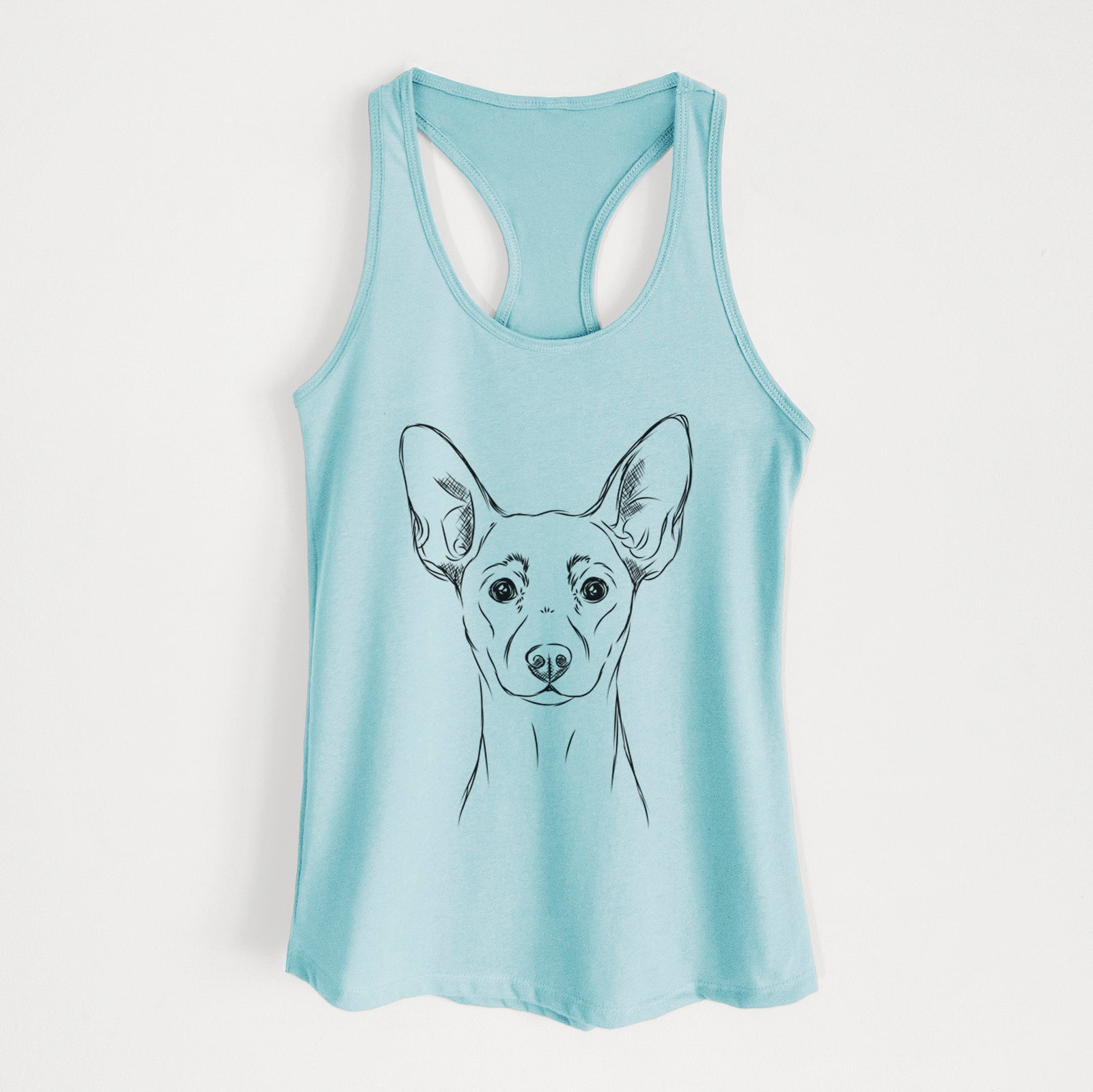 Hand-drawn sketch of Chillie the Mini Pinscher on a Cancun Blue Women's racerback tanktop
