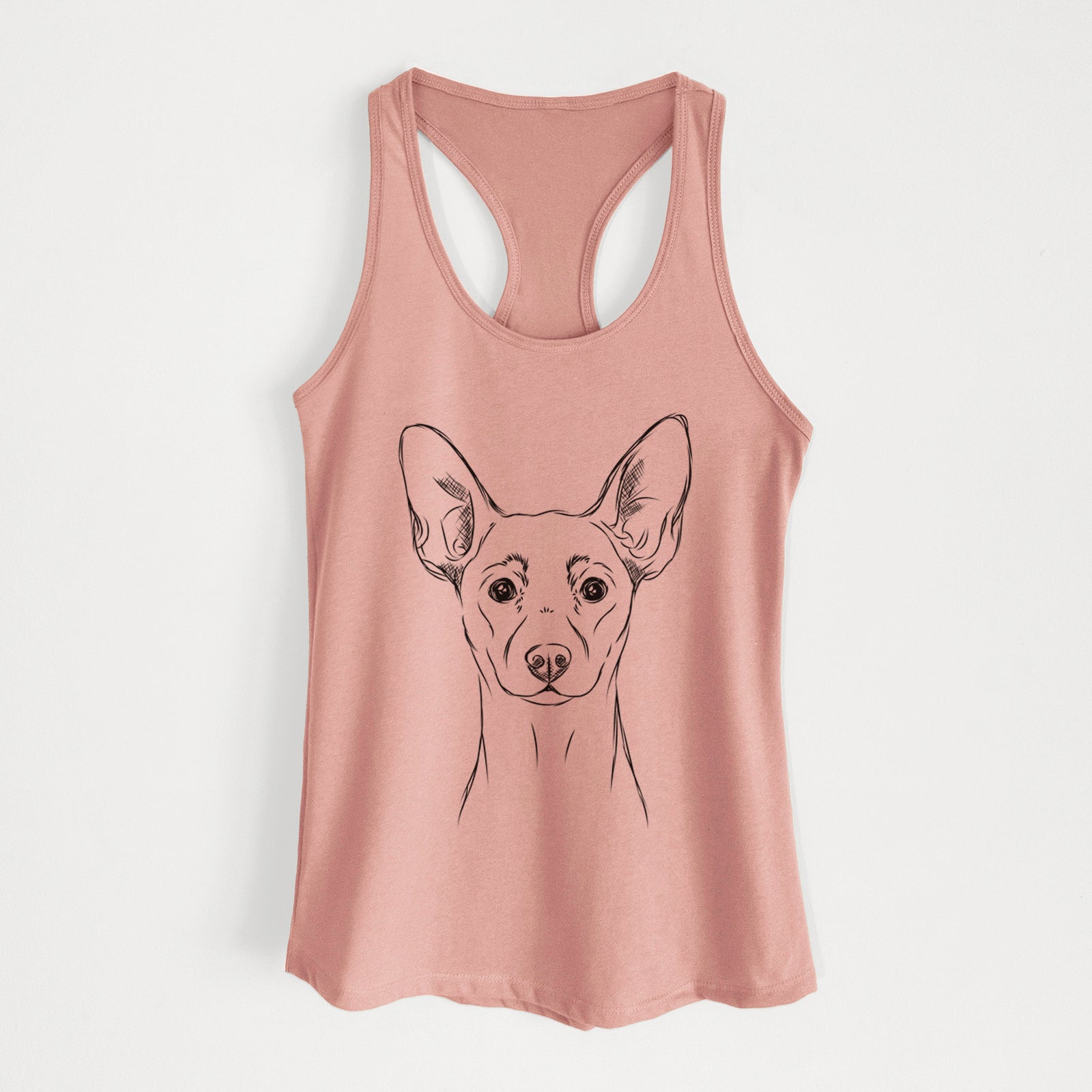 Hand-drawn sketch of Chillie the Mini Pinscher on a Desert Pink Women's racerback tanktop