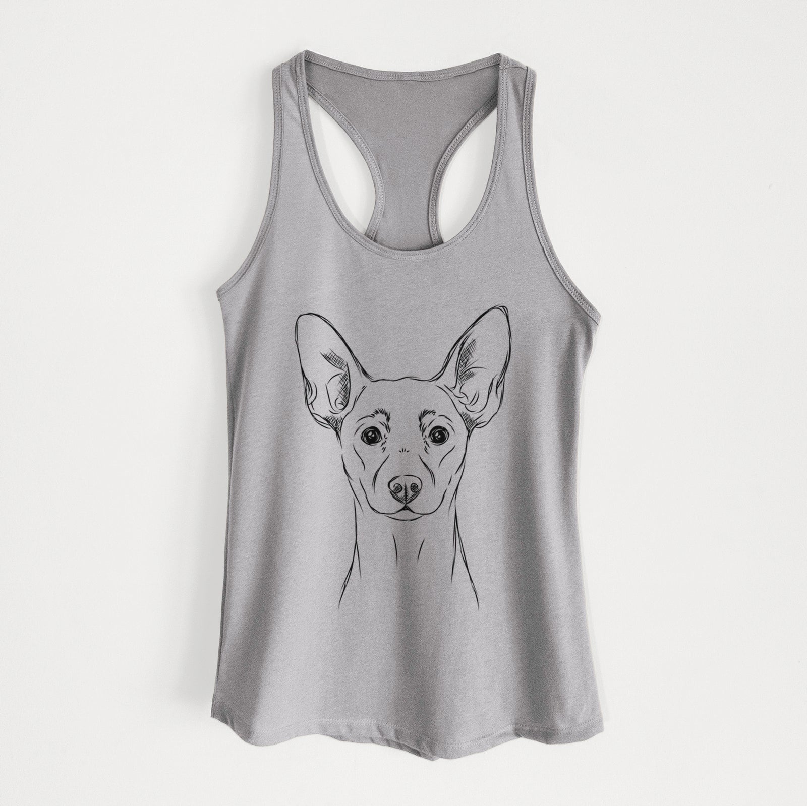 Hand-drawn sketch of Chillie the Mini Pinscher on a Heather Grey Women's racerback tanktop