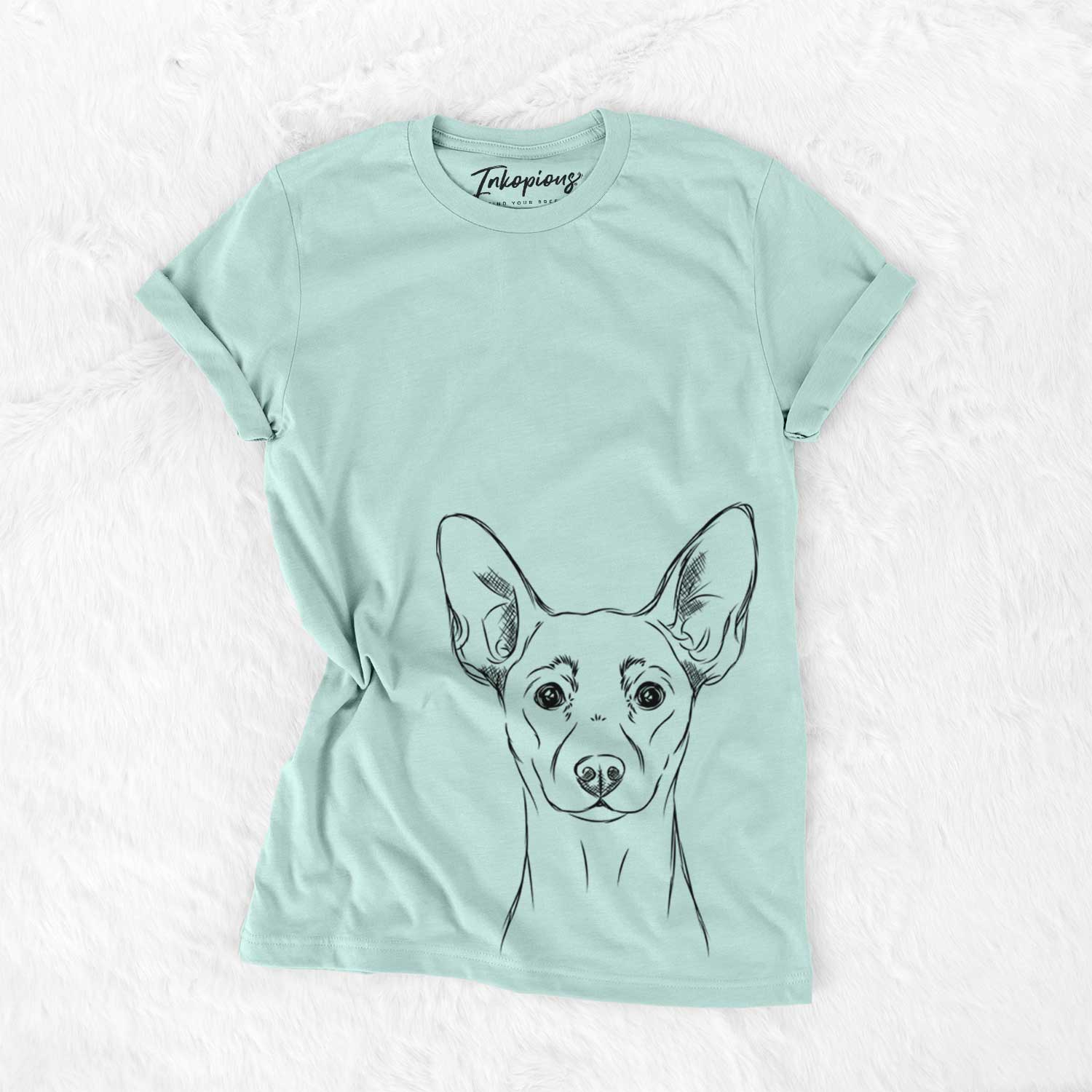 Hand-drawn sketch of Chillie the Mini Pinscher on a Heather Sage Unisex crewneck
