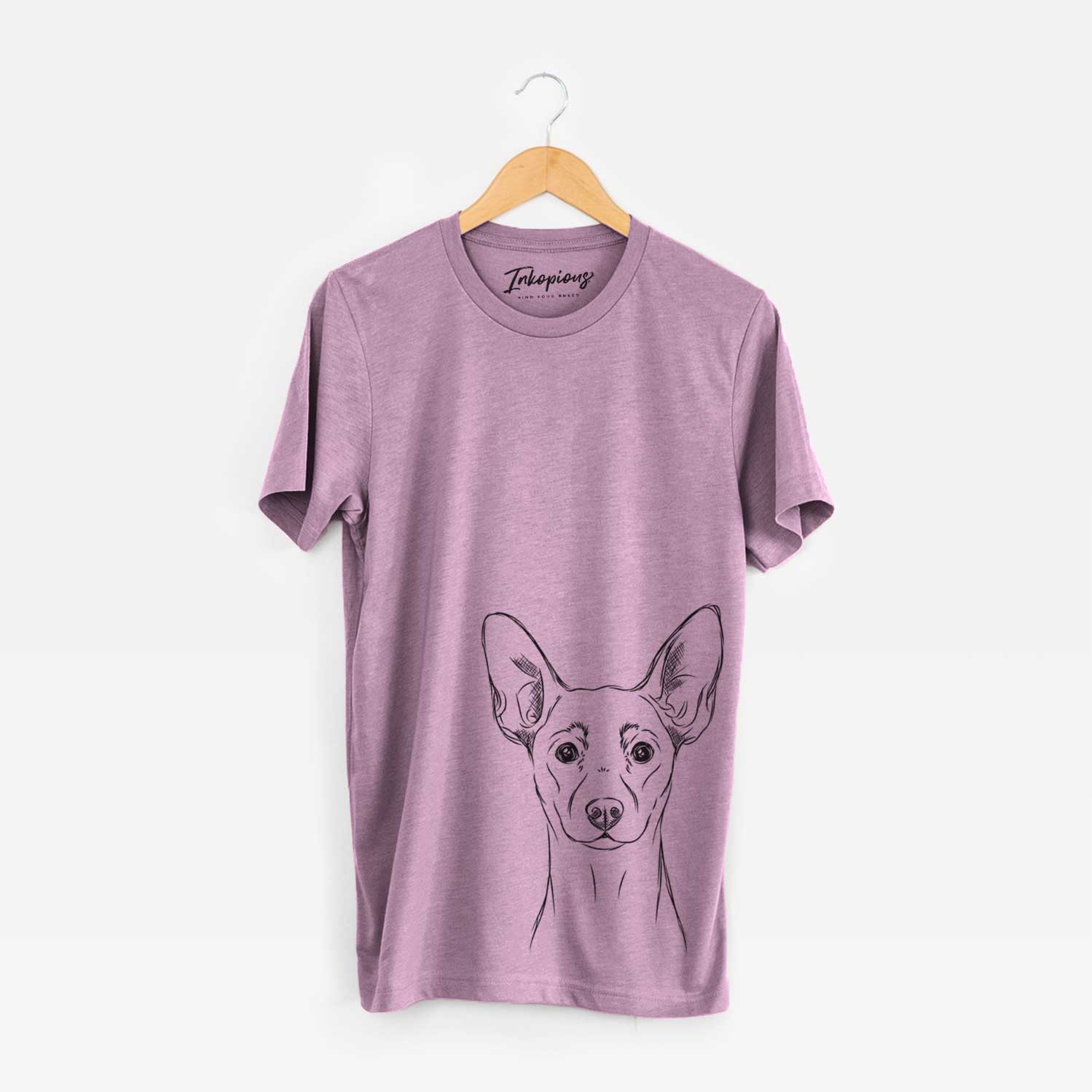 Hand-drawn sketch of Chillie the Mini Pinscher on an Orchid Unisex crewneck
