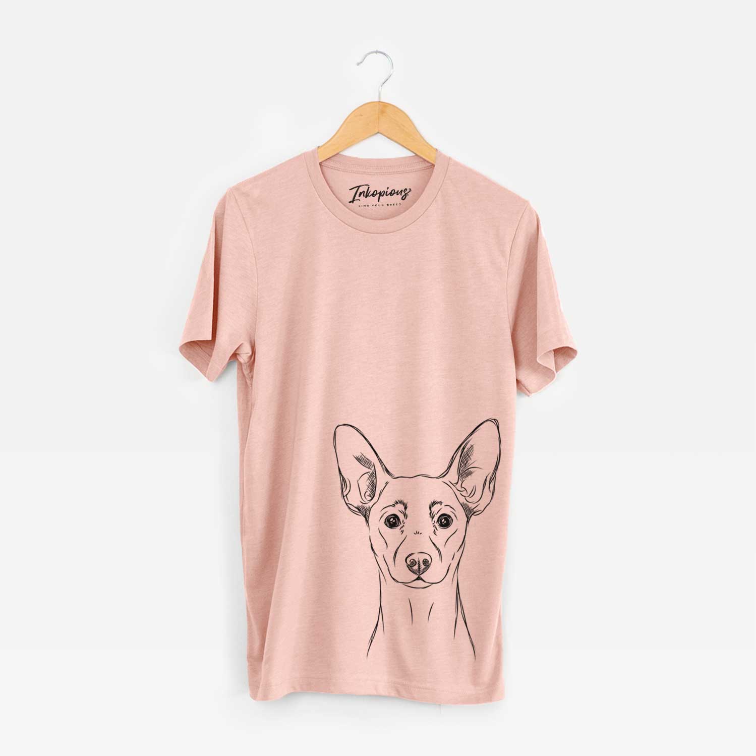 Hand-drawn sketch of Chillie the Mini Pinscher on a Peach Unisex crewneck