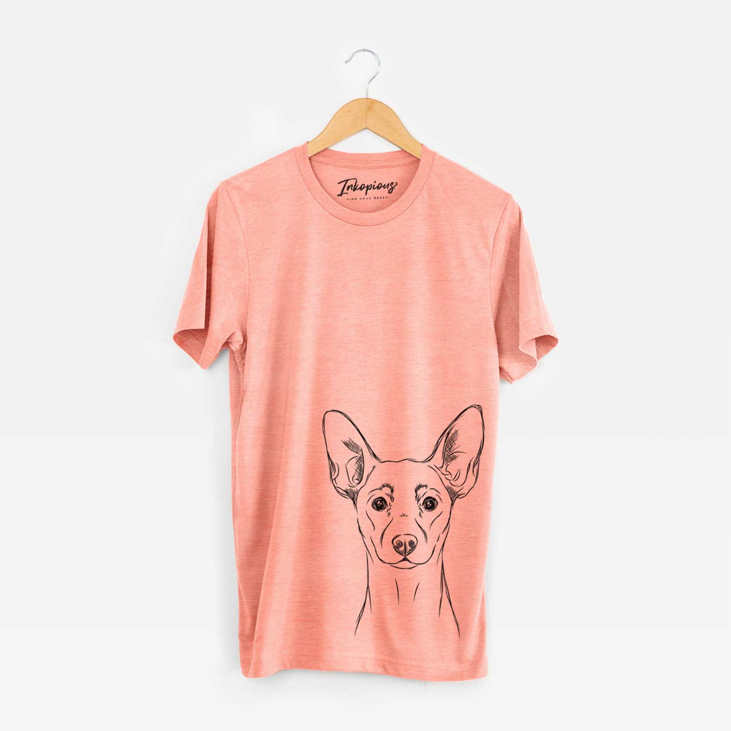 Hand-drawn sketch of Chillie the Mini Pinscher on a Sunset Unisex crewneck