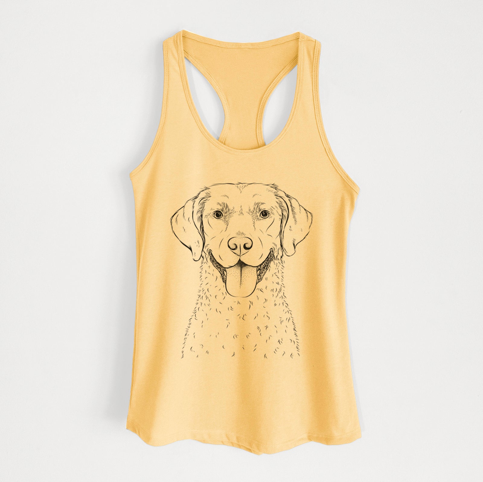 Hand-drawn sketch of Chip the Chesapeake Bay Retriever on a Banana Cream Women's racerback tanktop