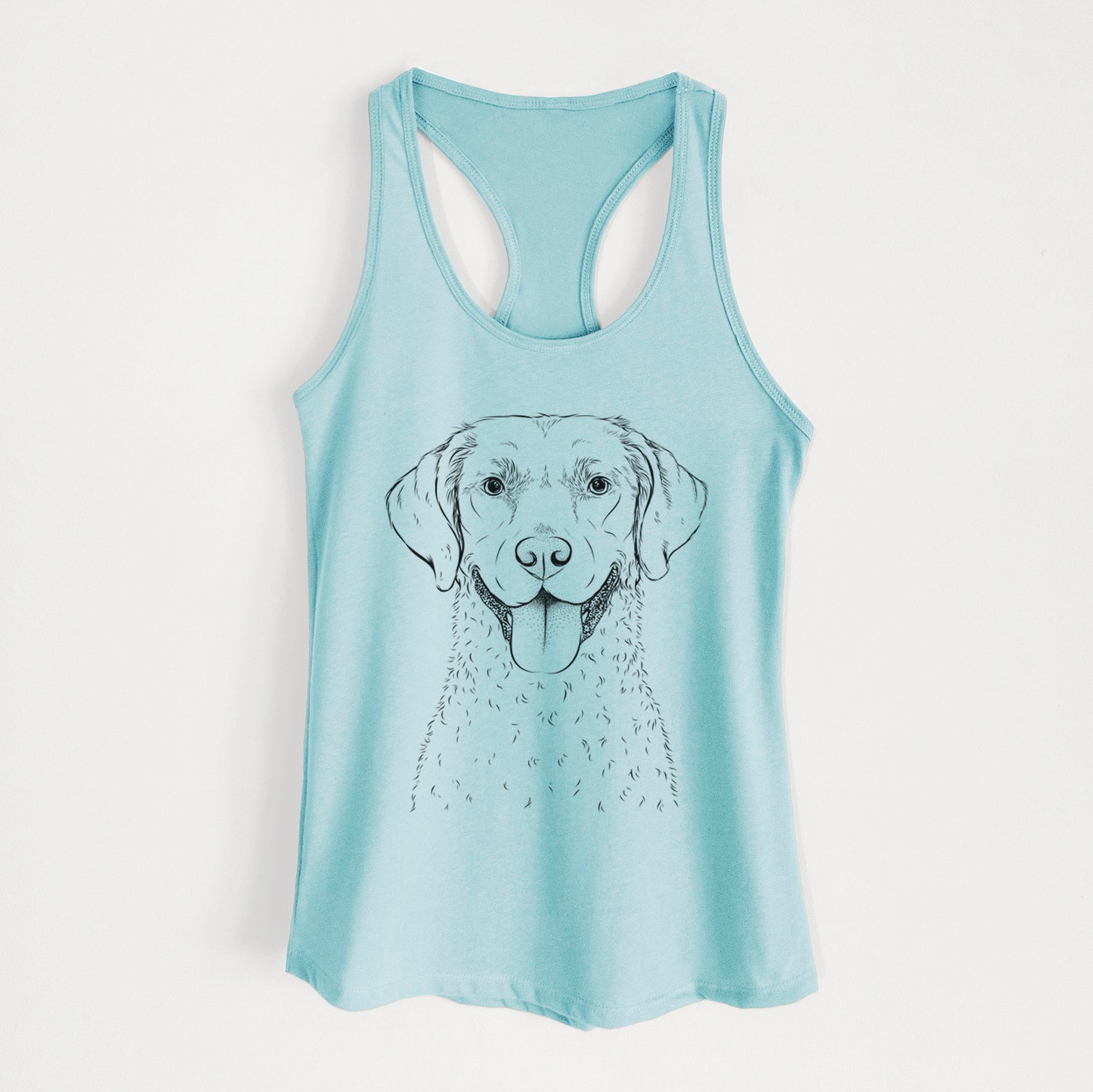 Hand-drawn sketch of Chip the Chesapeake Bay Retriever on a Cancun Blue Women's racerback tanktop