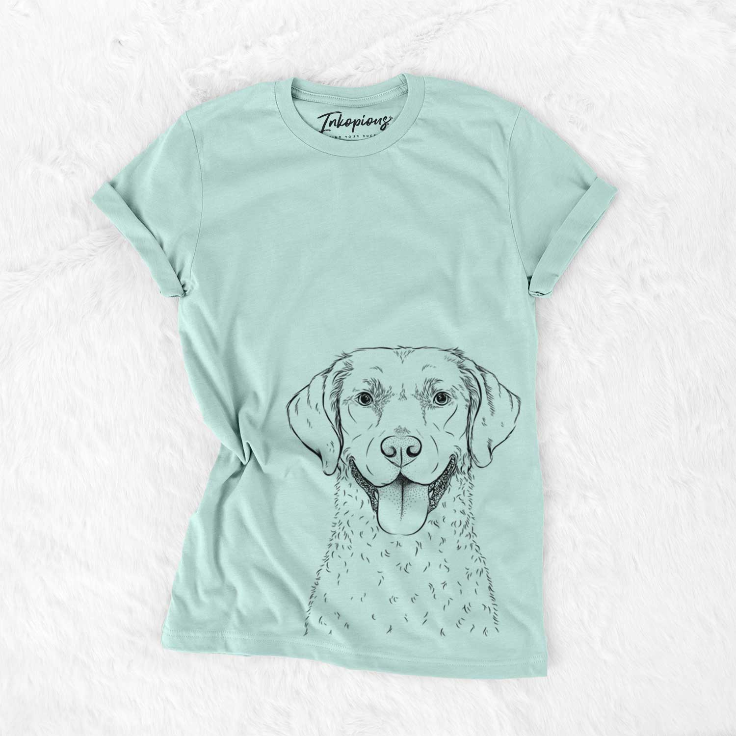 Hand-drawn sketch of Chip the Chesapeake Bay Retriever on a Heather Sage Unisex crewneck