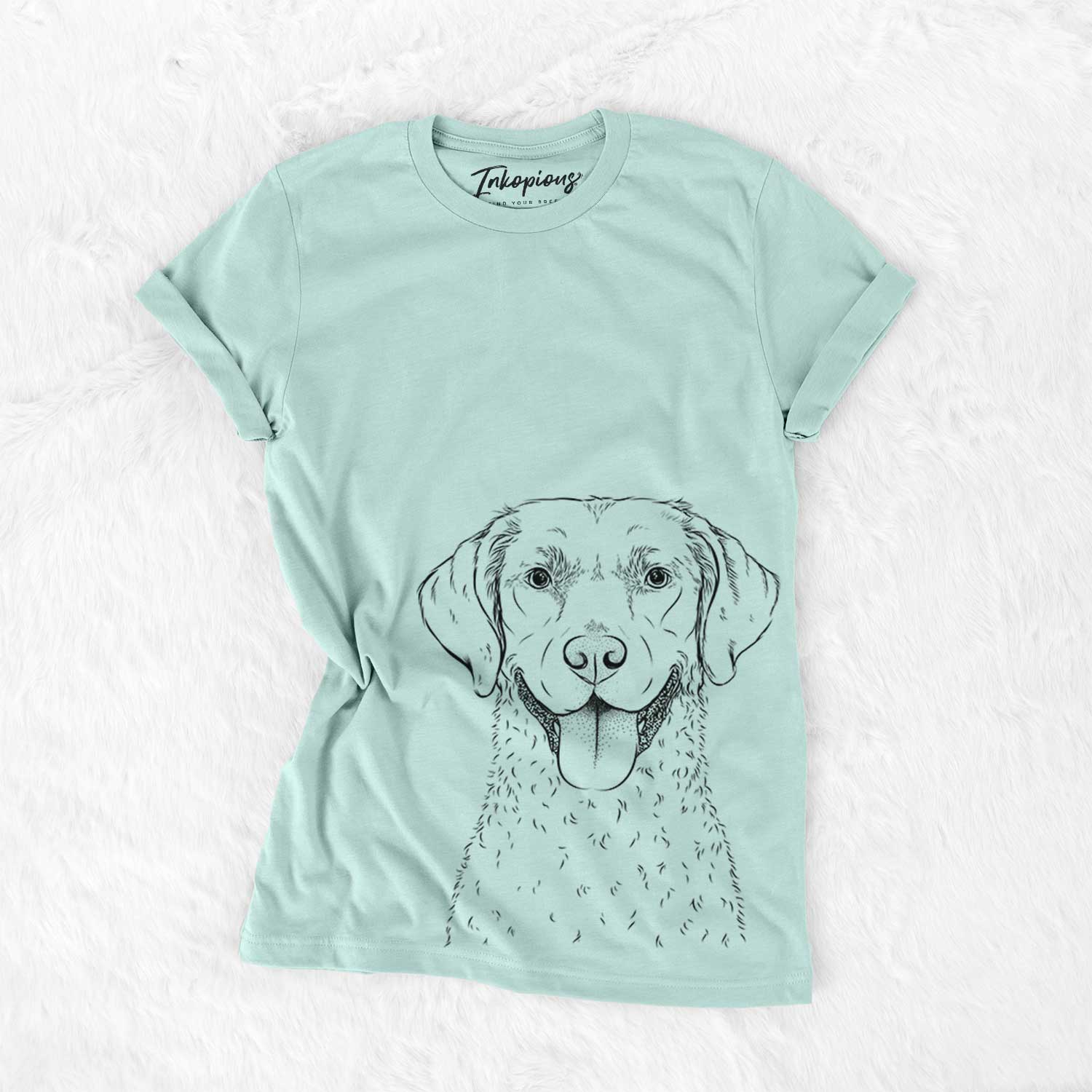 Hand-drawn sketch of Chip the Chesapeake Bay Retriever on a Heather Sage Bella Canvas Unisex Crewneck