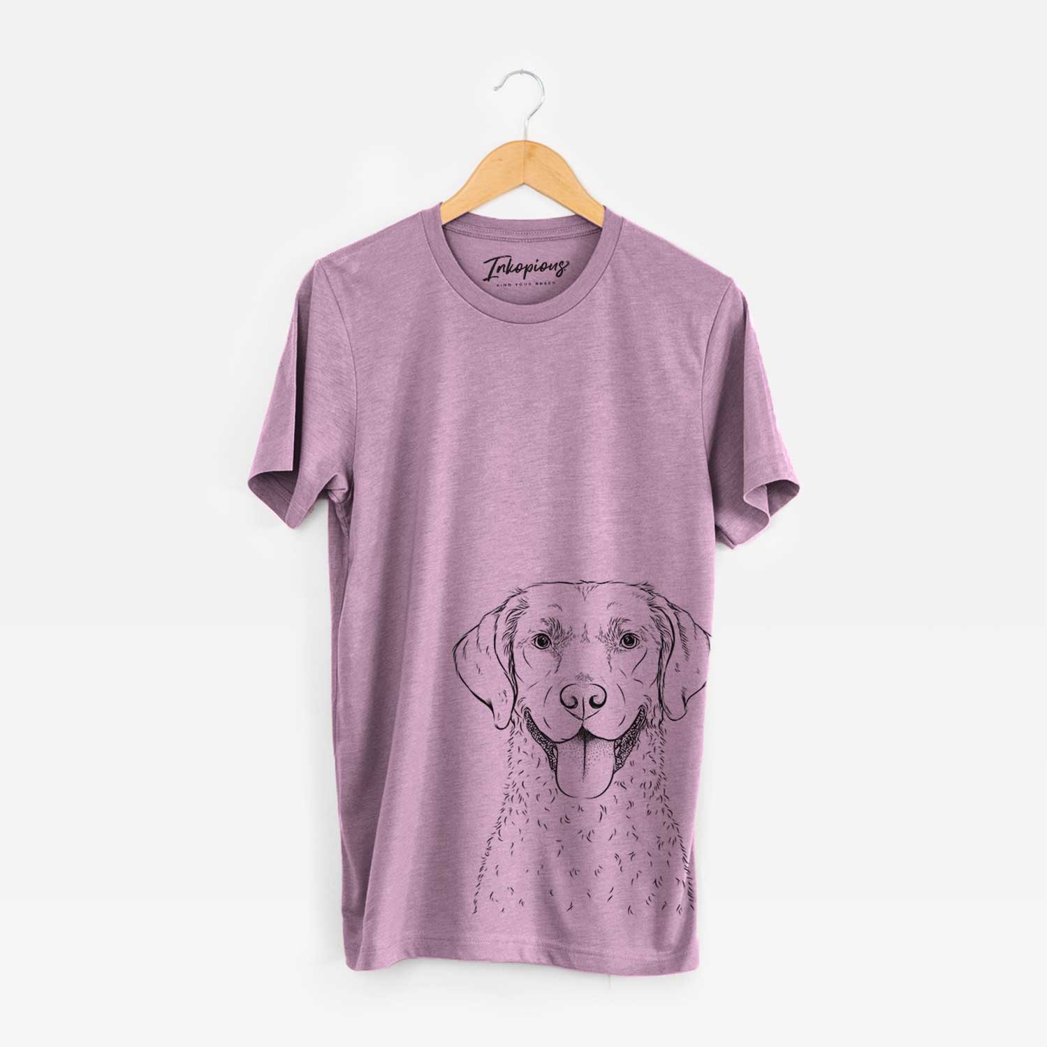 Hand-drawn sketch of Chip the Chesapeake Bay Retriever on an Orchid Bella Canvas Unisex Crewneck