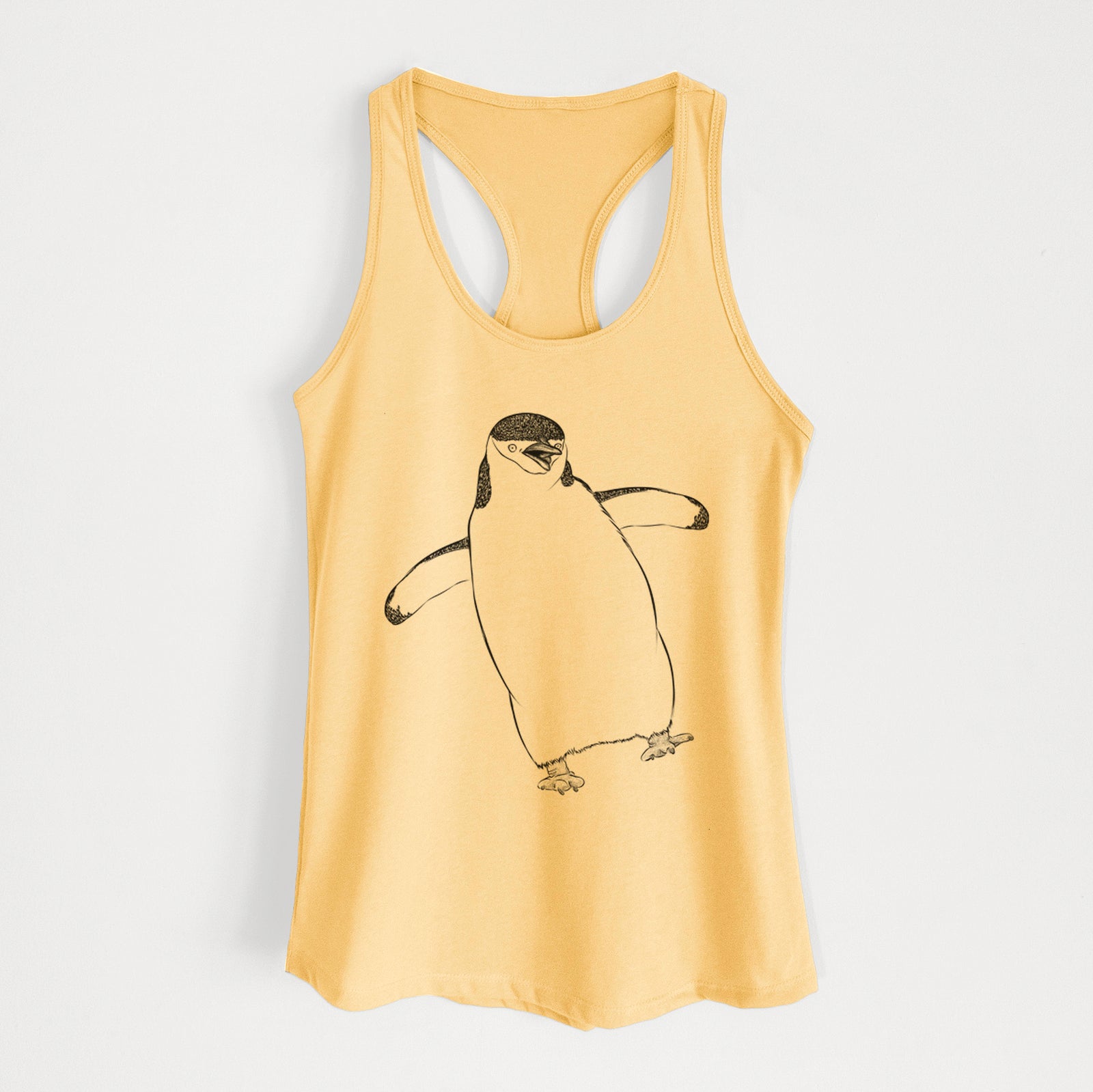 Hand-drawn sketch of Chive the Chinstrap Penguin on a Banana Cream Women's racerback tanktop