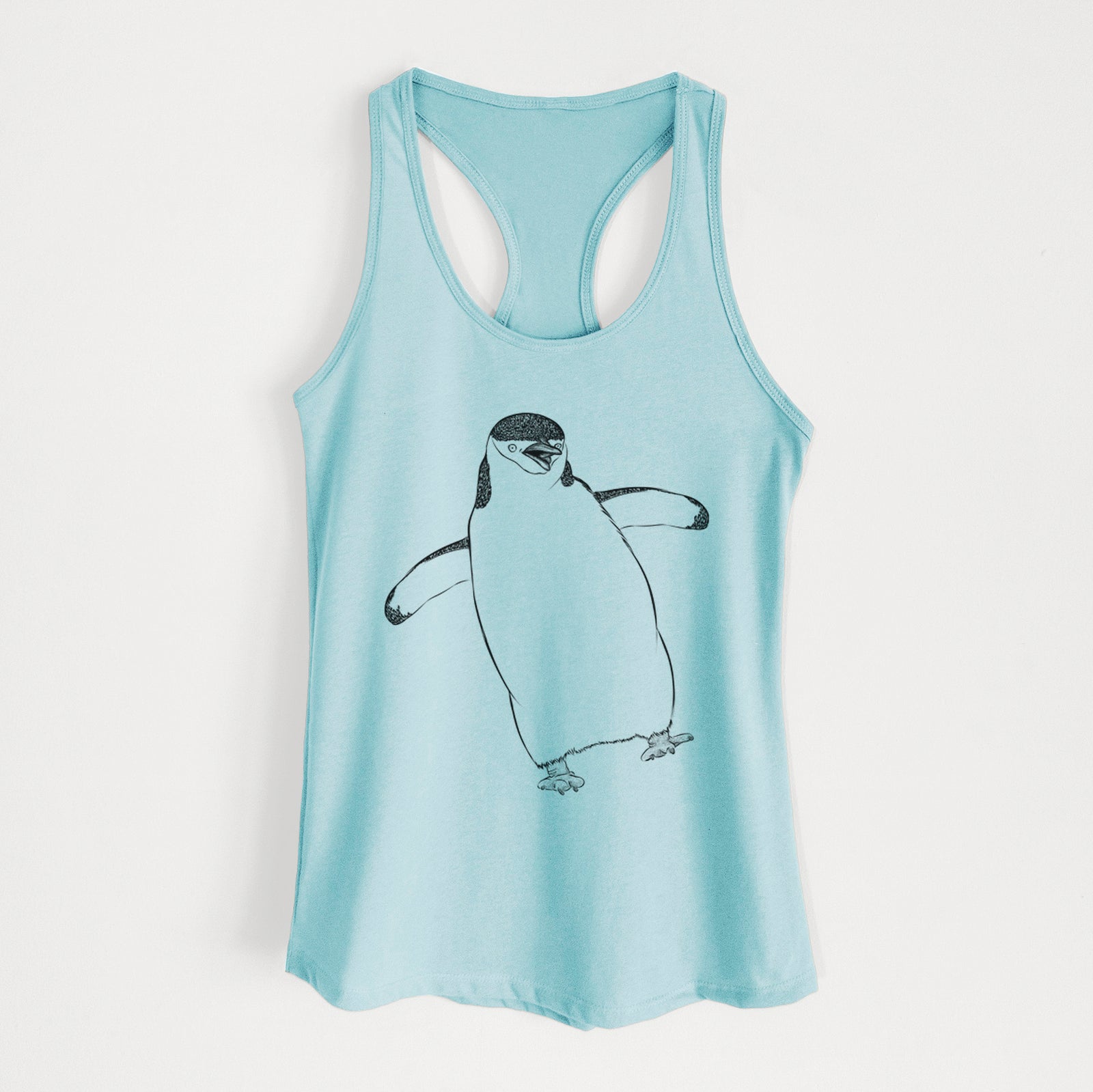 Hand-drawn sketch of Chive the Chinstrap Penguin on a Cancun Blue Women's racerback tanktop