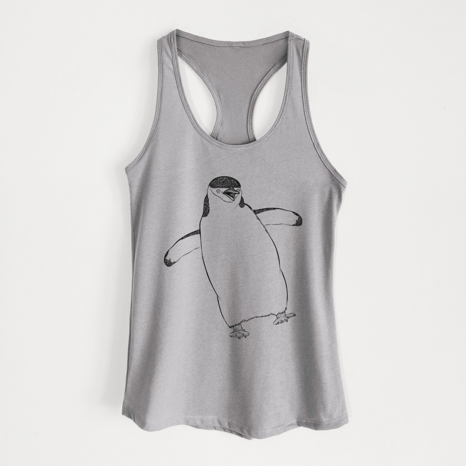 Hand-drawn sketch of Chive the Chinstrap Penguin on a Heather Grey Women's racerback tanktop