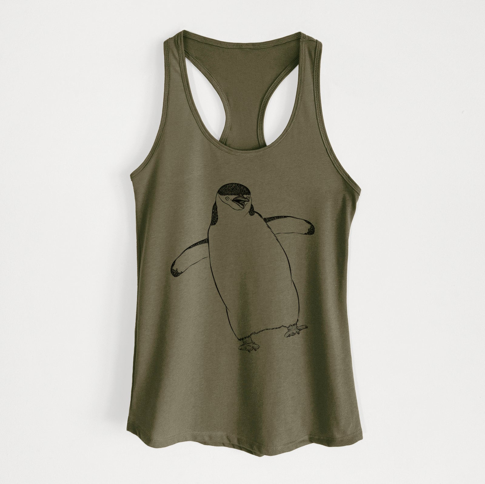 Hand-drawn sketch of Chive the Chinstrap Penguin on a Military Green Women's racerback tanktop