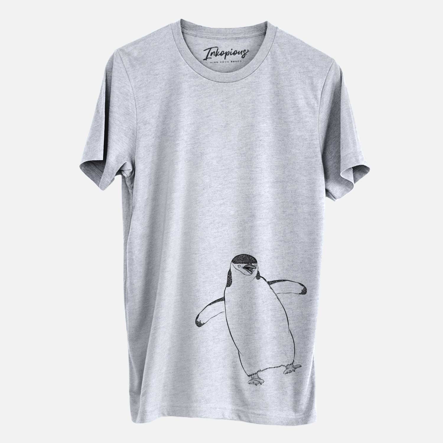 Hand-drawn sketch of Chive the Chinstrap Penguin on a Grey Unisex crewneck