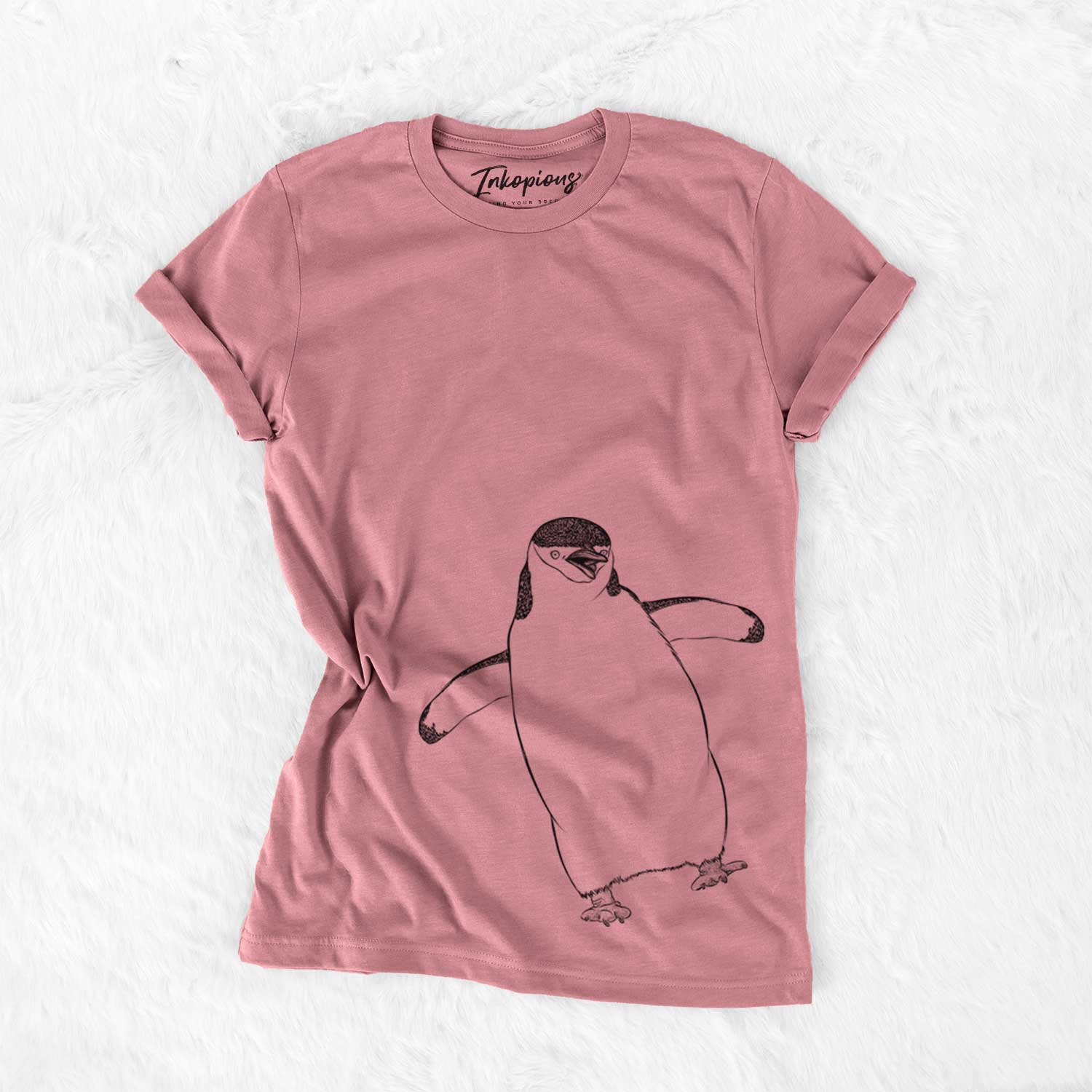 Hand-drawn sketch of Chive the Chinstrap Penguin on a Mauve Bella Canvas Unisex Crewneck
