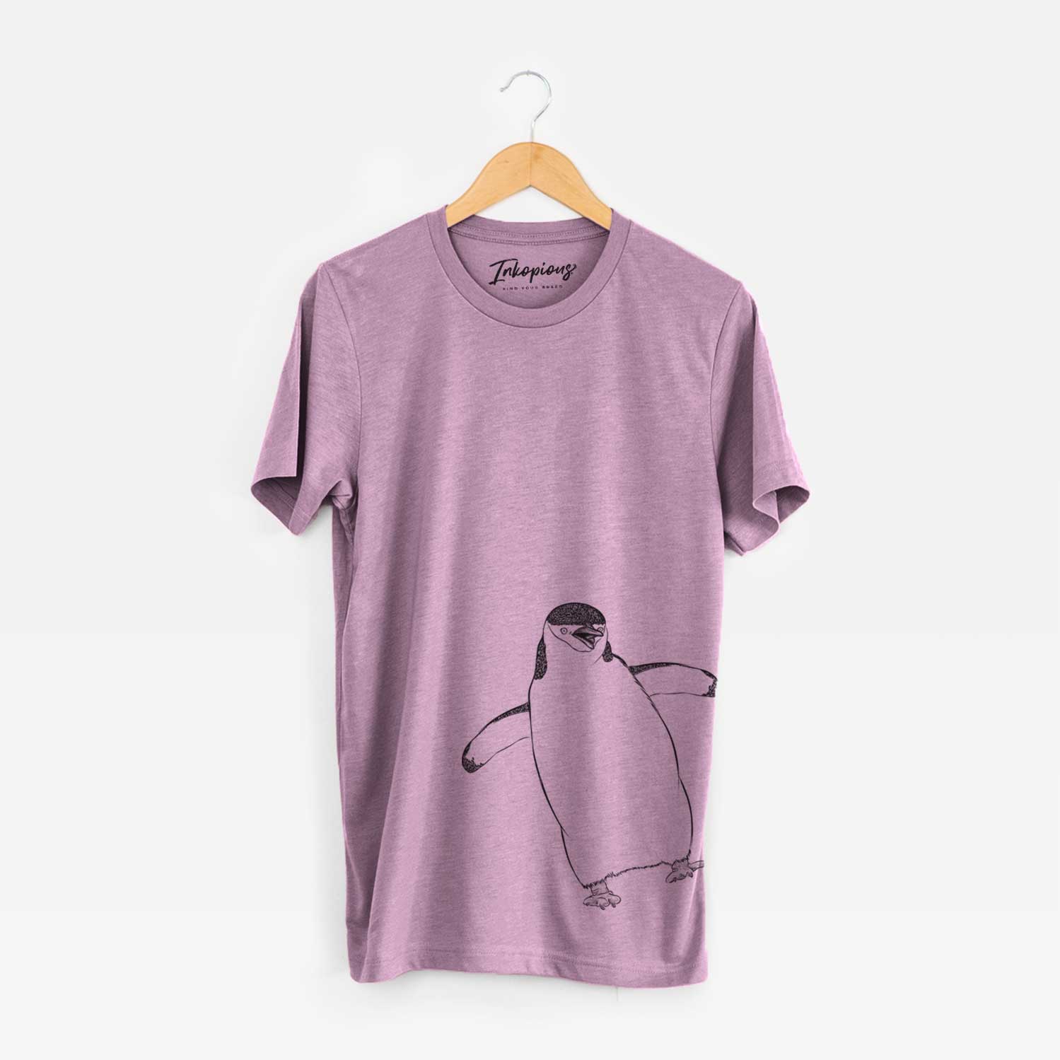 Hand-drawn sketch of Chive the Chinstrap Penguin on an Orchid Bella Canvas Unisex Crewneck