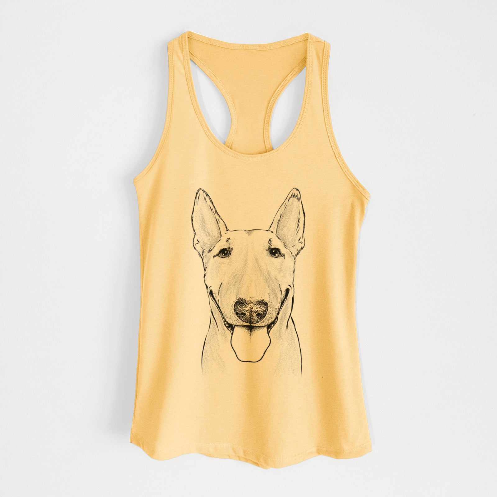 Hand-drawn sketch of Chloe the Bull Terrier on a Banana Cream Women's racerback tanktop