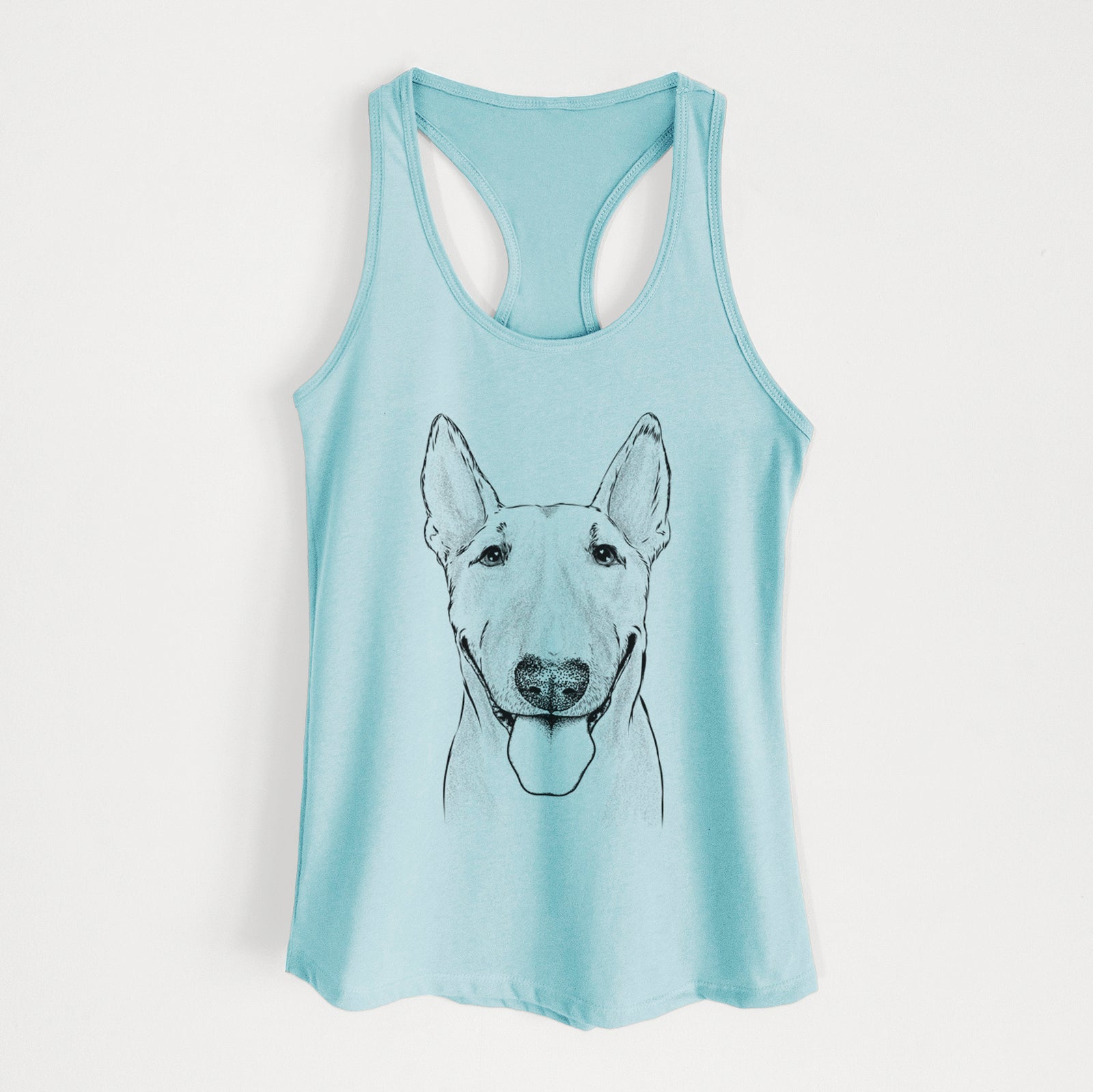 Hand-drawn sketch of Chloe the Bull Terrier on a Cancun Blue Women's racerback tanktop