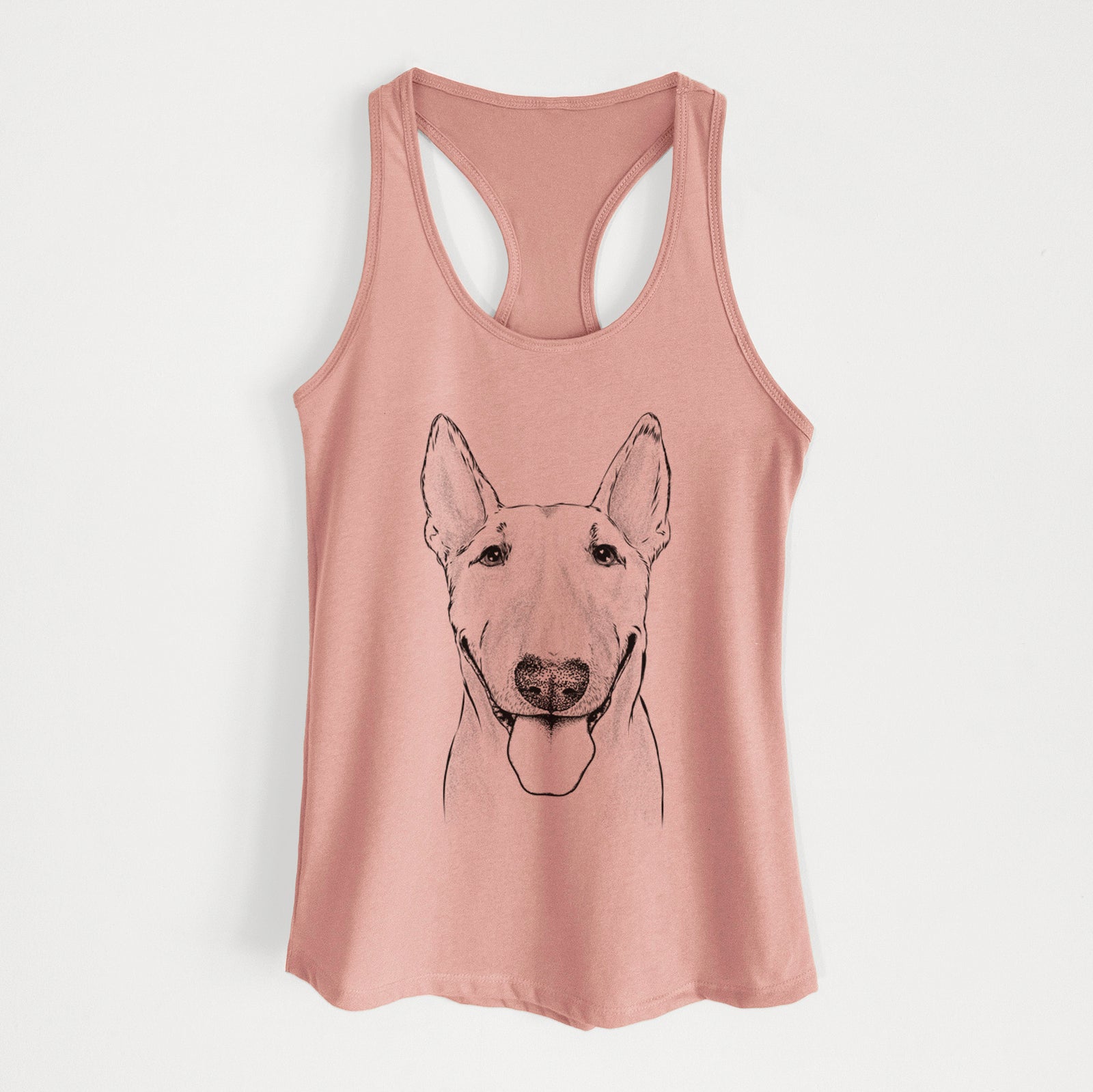 Hand-drawn sketch of Chloe the Bull Terrier on a Desert Pink Women's racerback tanktop
