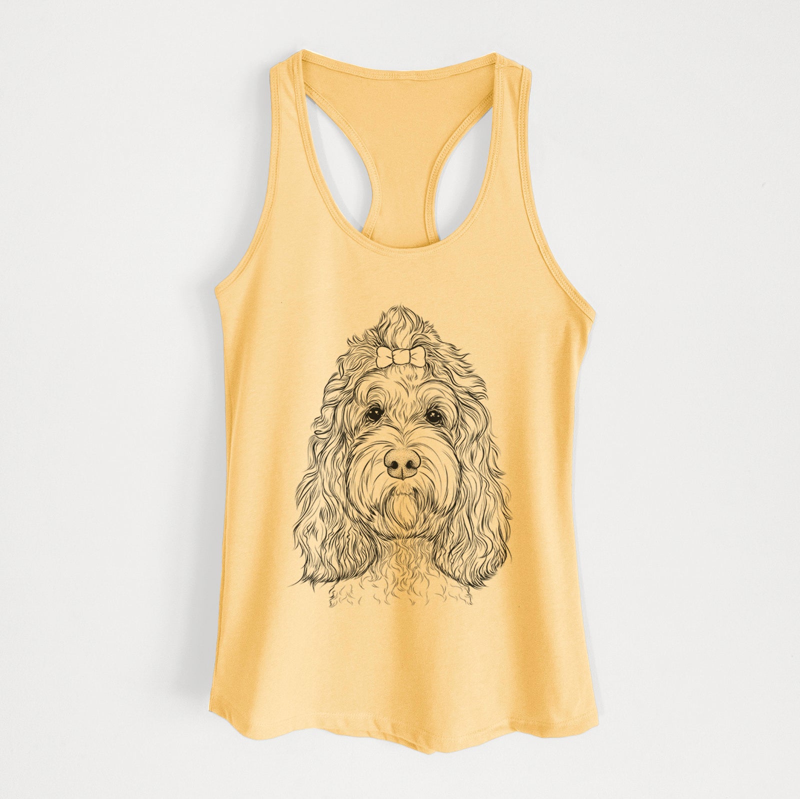 Hand-drawn sketch of Chloe the Cockapoo on a Banana Cream Women's racerback tanktop