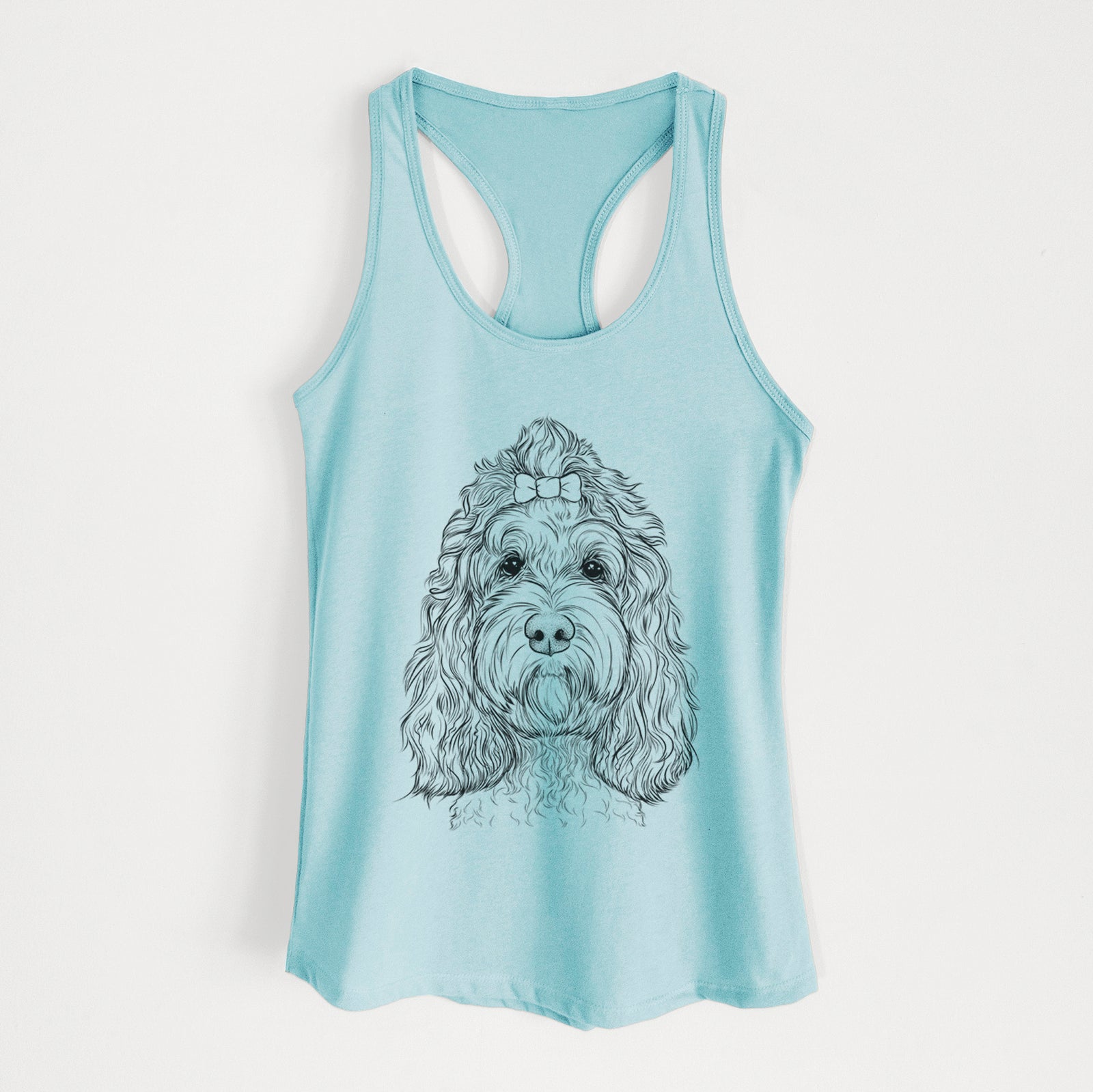 Hand-drawn sketch of Chloe the Cockapoo on a Cancun Blue Women's racerback tanktop