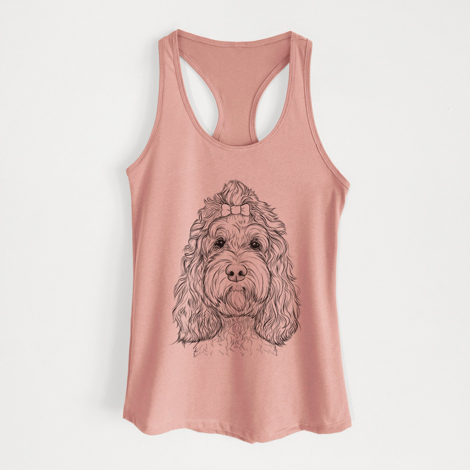 Hand-drawn sketch of Chloe the Cockapoo on a Desert Pink Women's racerback tanktop