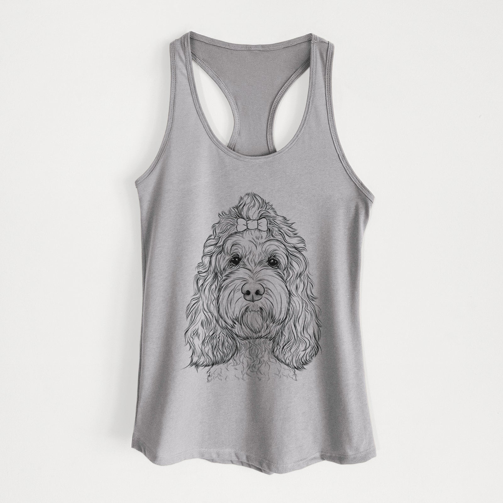 Hand-drawn sketch of Chloe the Cockapoo on a Heather Grey Women's racerback tanktop