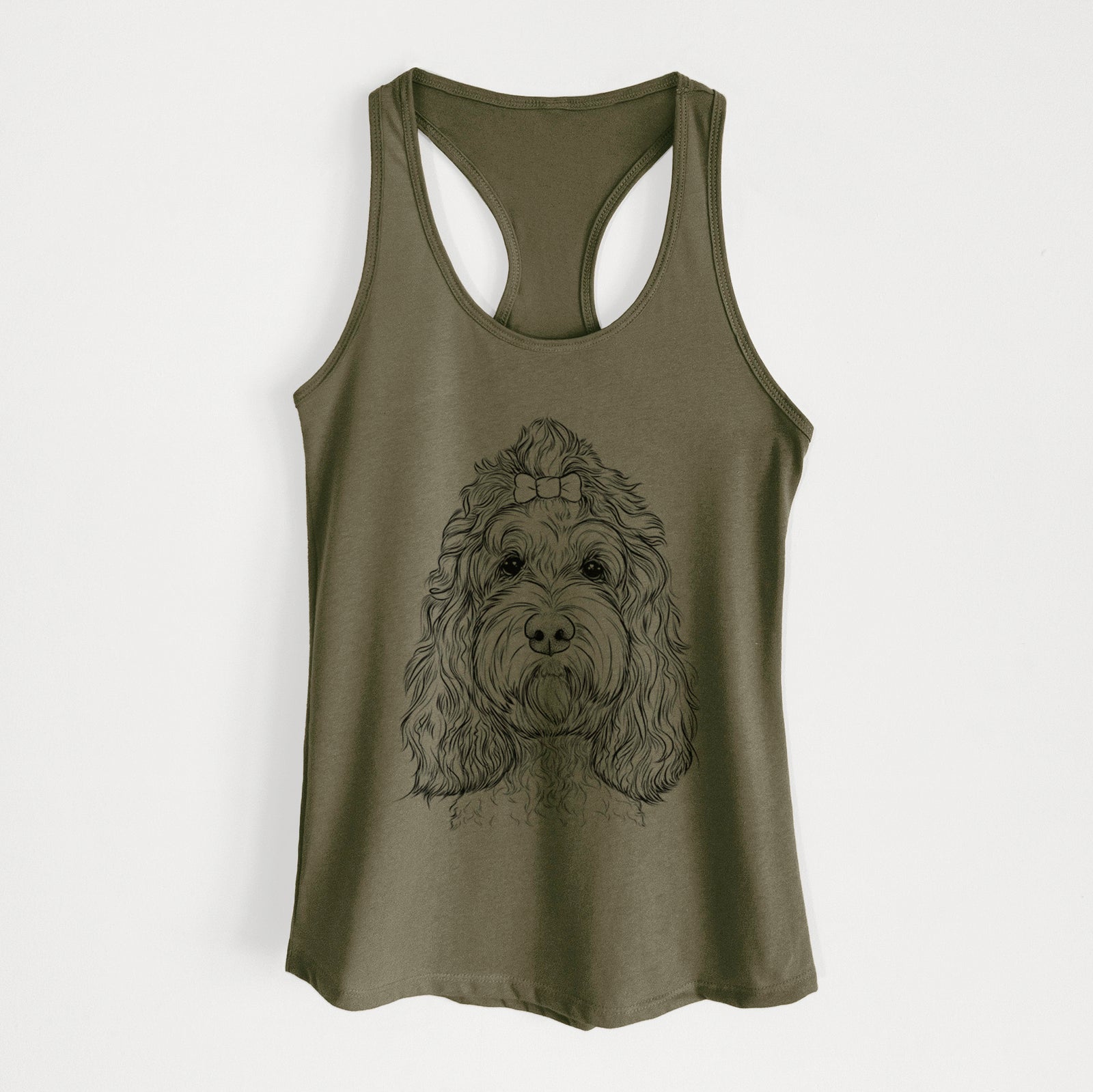 Hand-drawn sketch of Chloe the Cockapoo on a Military Green Women's racerback tanktop