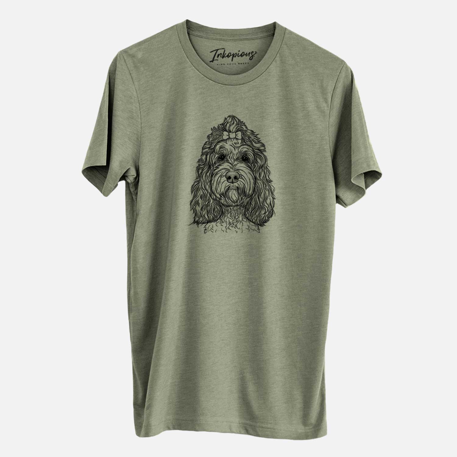 Hand-drawn sketch of Chloe the Cockapoo on an Olive Unisex crewneck