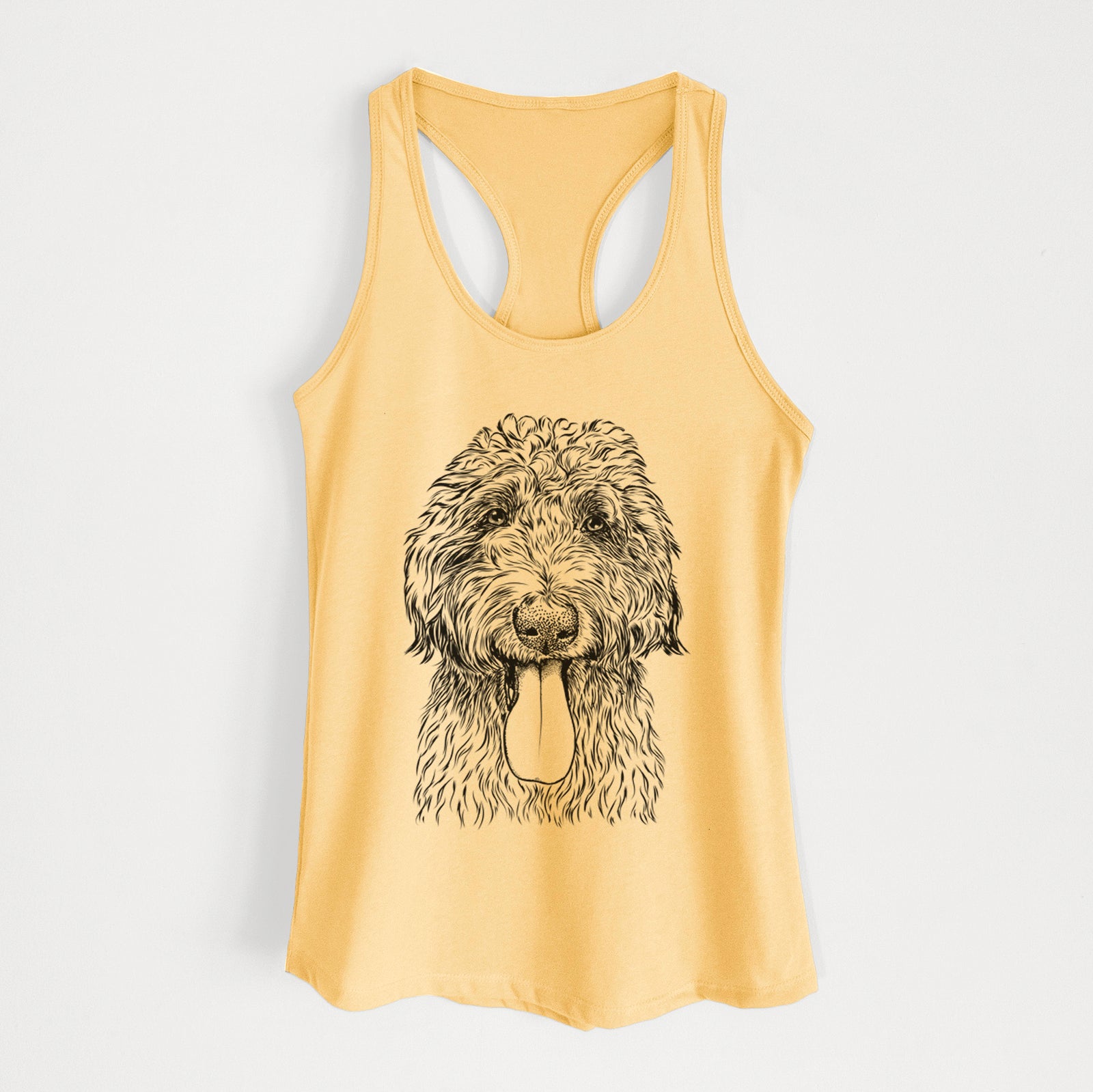 Hand-drawn sketch of CiCi Paulk the Aussiedoodle on a Banana Cream Women's racerback tanktop