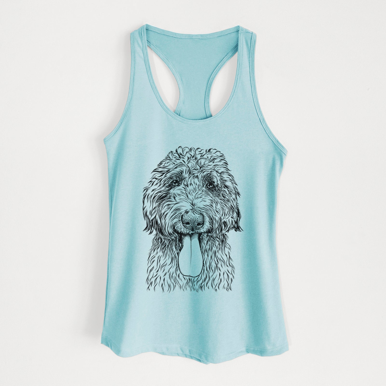 Hand-drawn sketch of CiCi Paulk the Aussiedoodle on a Cancun Blue Women's racerback tanktop