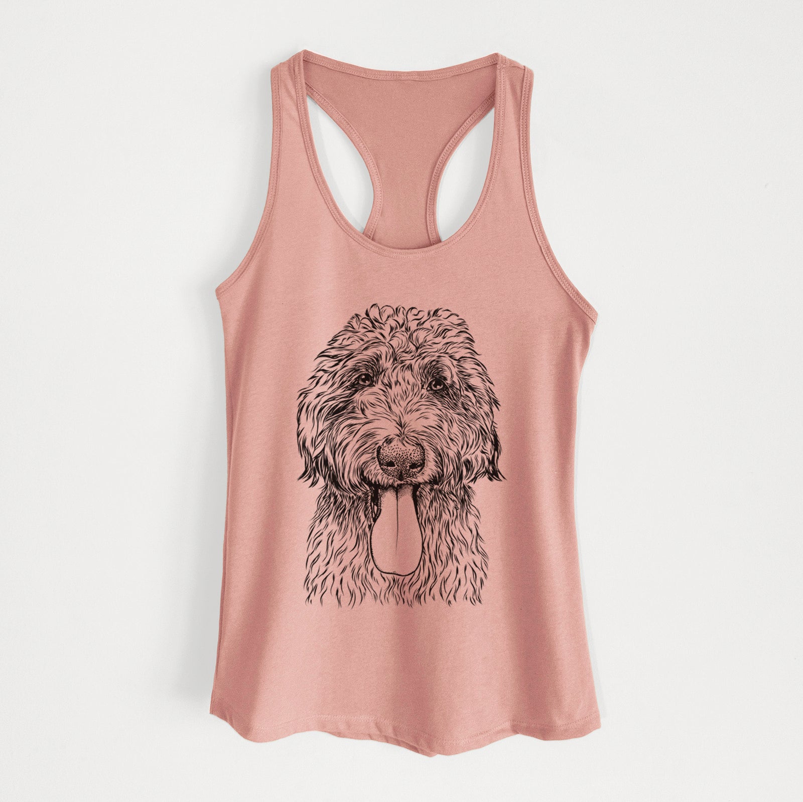 Hand-drawn sketch of CiCi Paulk the Aussiedoodle on a Desert Pink Women's racerback tanktop