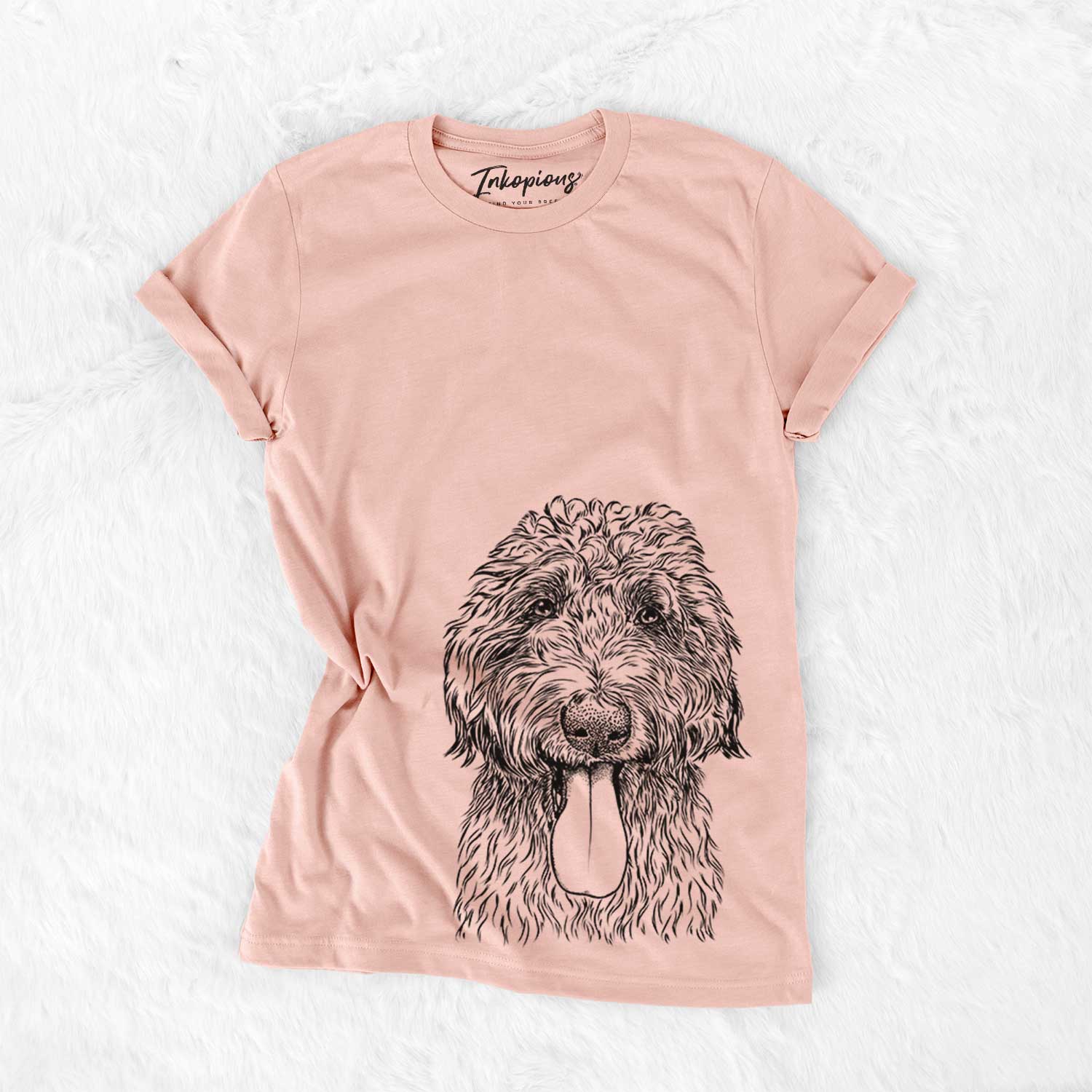 Hand-drawn sketch of CiCi Paulk the Aussiedoodle on a Peach Bella Canvas Unisex Crewneck