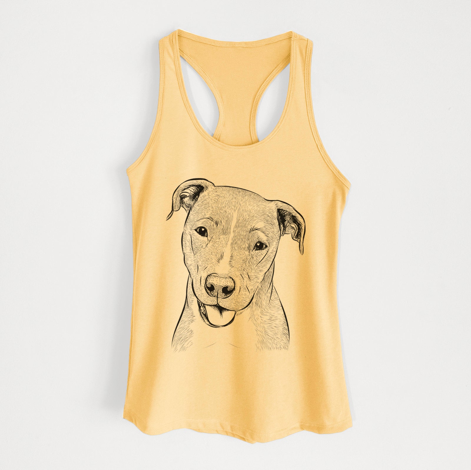 Hand-drawn sketch of Claiborne the American Staffordshire Terrier on a Banana Cream Women's racerback tanktop