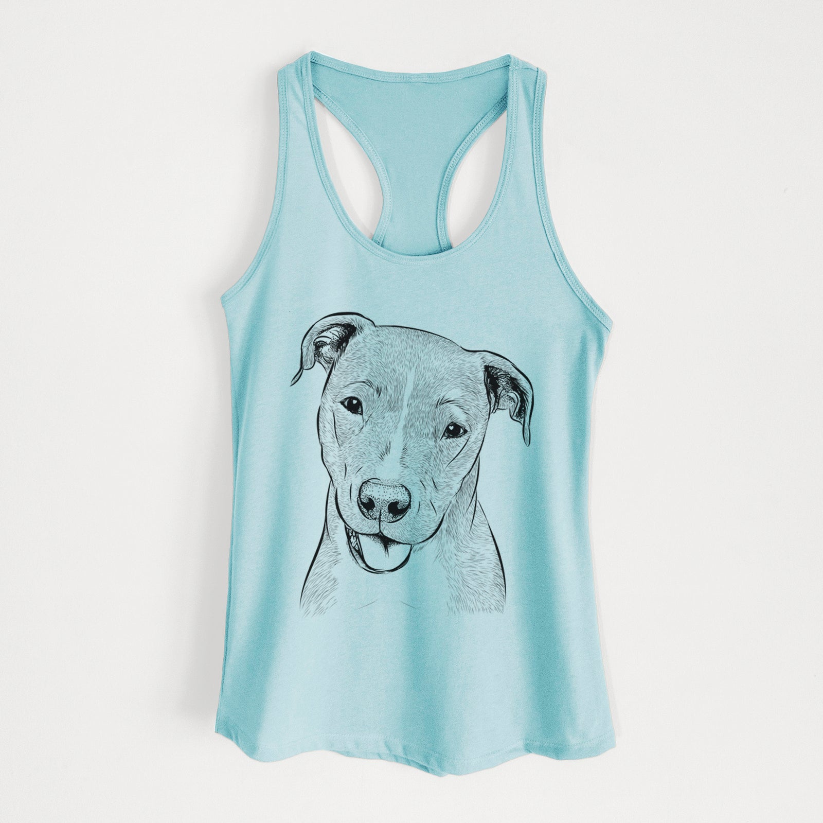 Hand-drawn sketch of Claiborne the American Staffordshire Terrier on a Cancun Blue Women's racerback tanktop