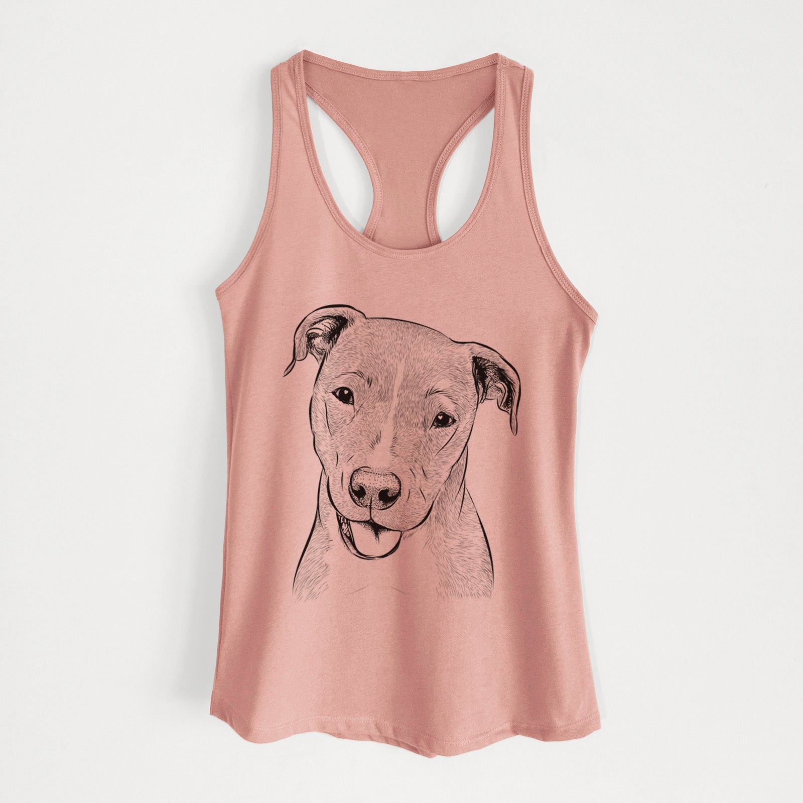 Hand-drawn sketch of Claiborne the American Staffordshire Terrier on a Desert Pink Women's racerback tanktop