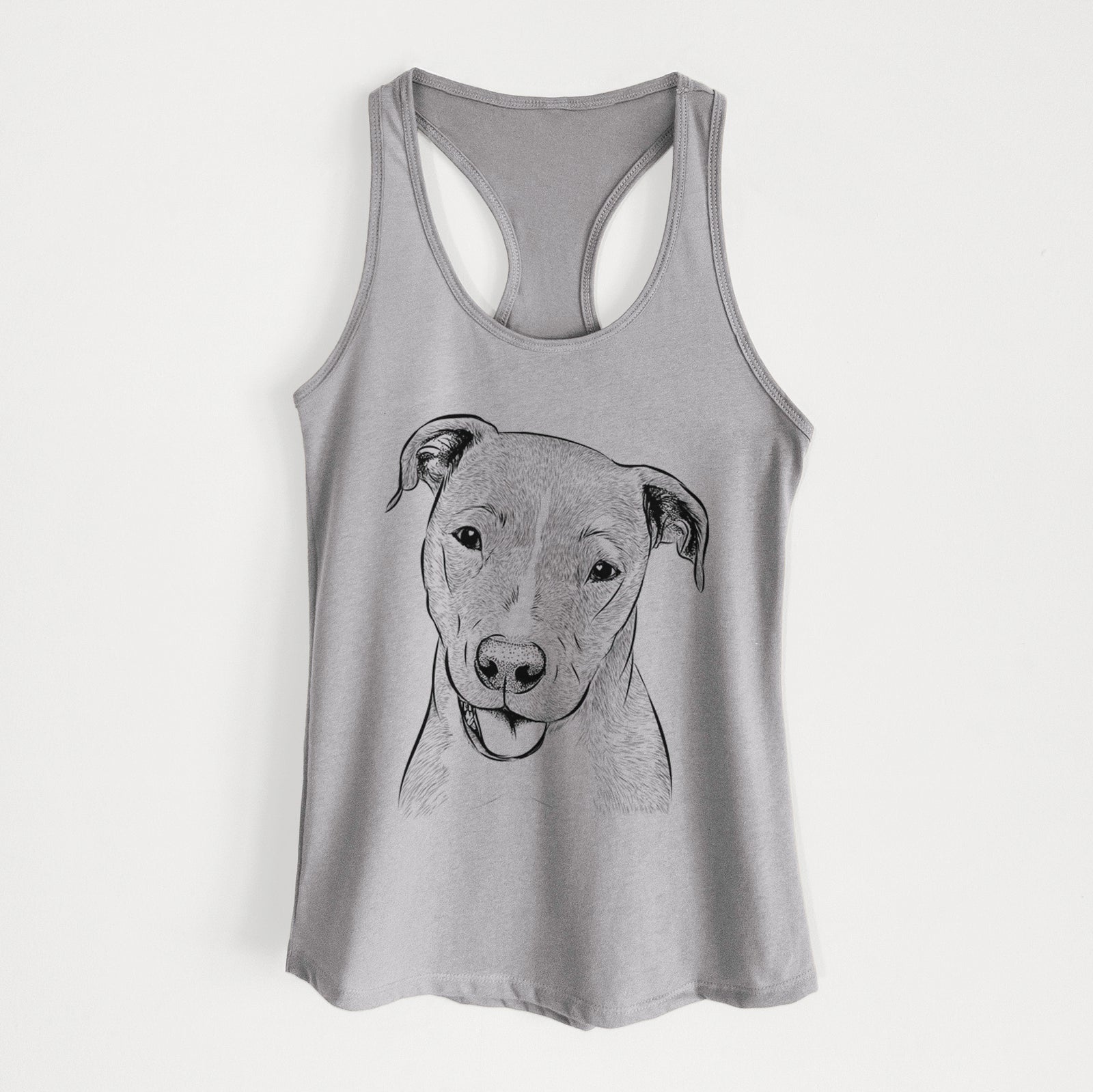 Hand-drawn sketch of Claiborne the American Staffordshire Terrier on a Heather Grey Women's racerback tanktop